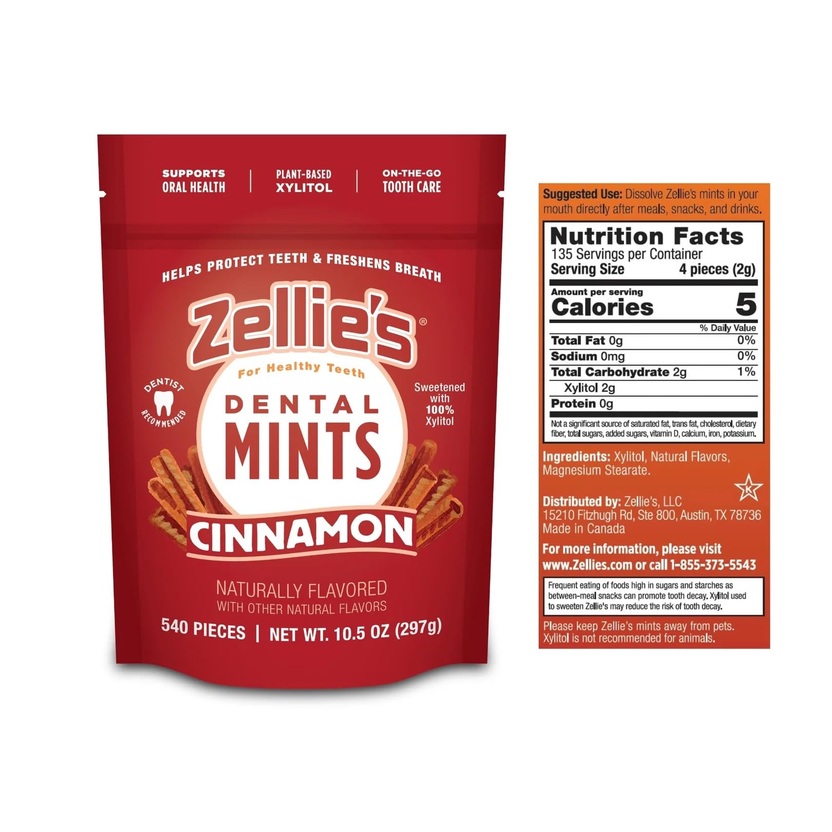 Zellies cinnamon breath mints pack back highlights ingredient list and dietary labels.