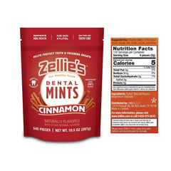 Zellies cinnamon breath mints pack back highlights ingredient list and dietary labels.