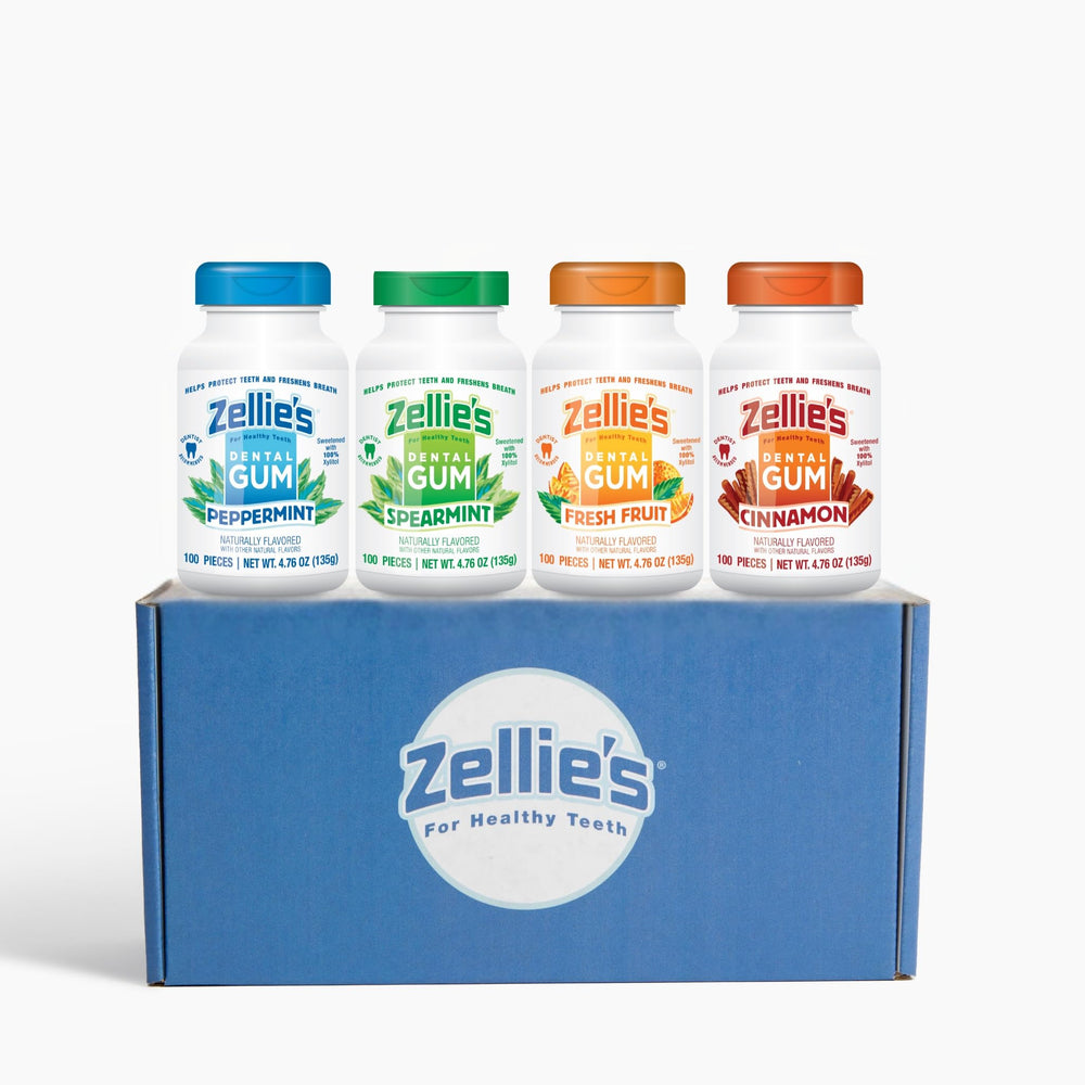 Zellie's peppermint gum gift set packaging shows four flavors for on-the-go freshness.