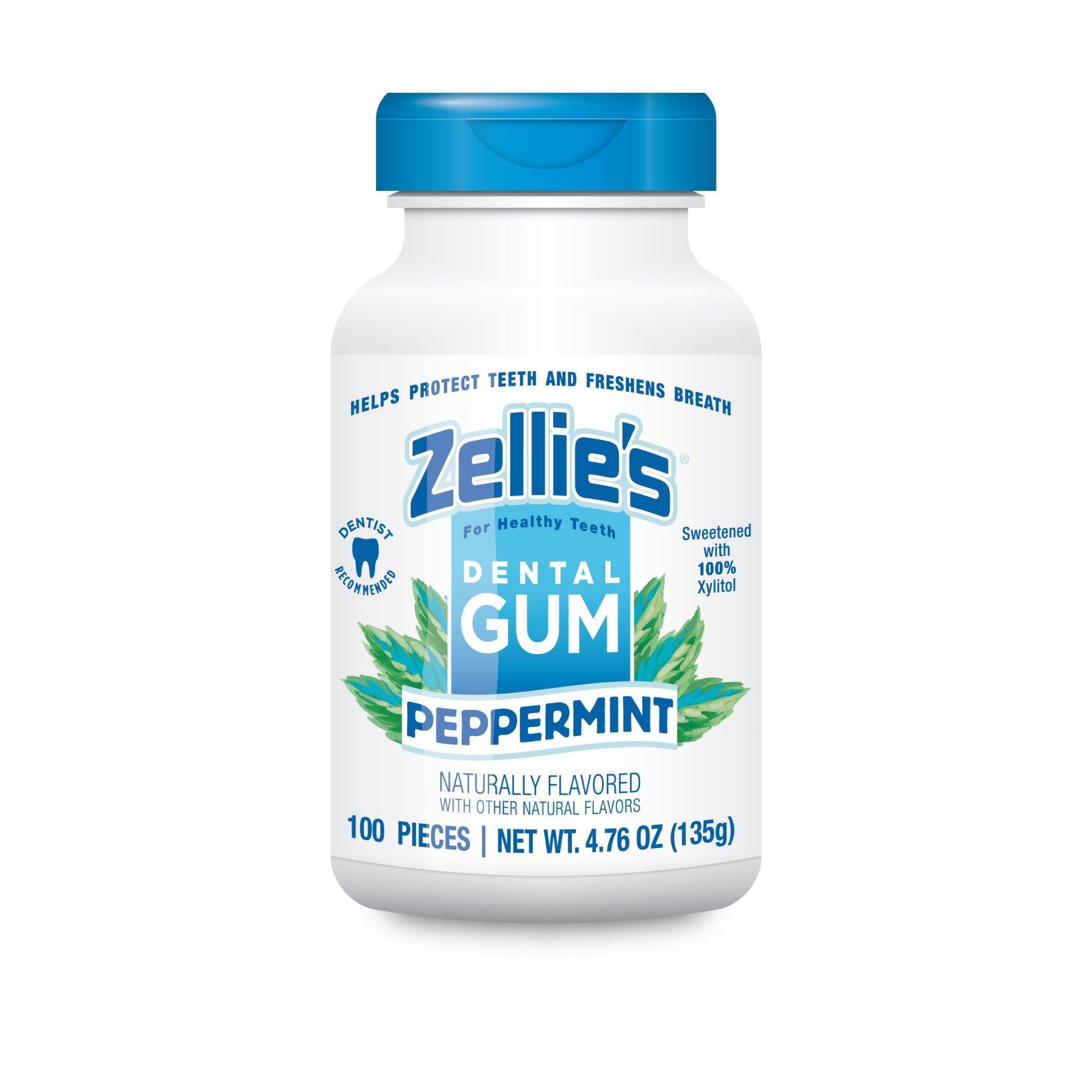 Zellie's peppermint chewing gum 100-count pack front view for fresh breath.