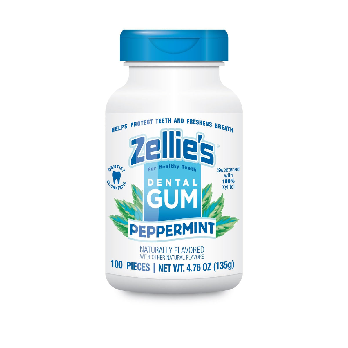 Zellie's peppermint chewing gum 100-count pack front view for fresh breath.