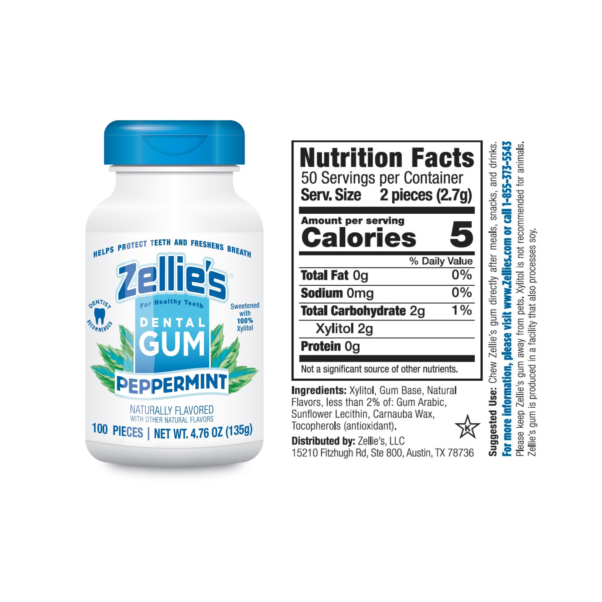 Zellie's peppermint gum close-up texture showing xylitol benefits.