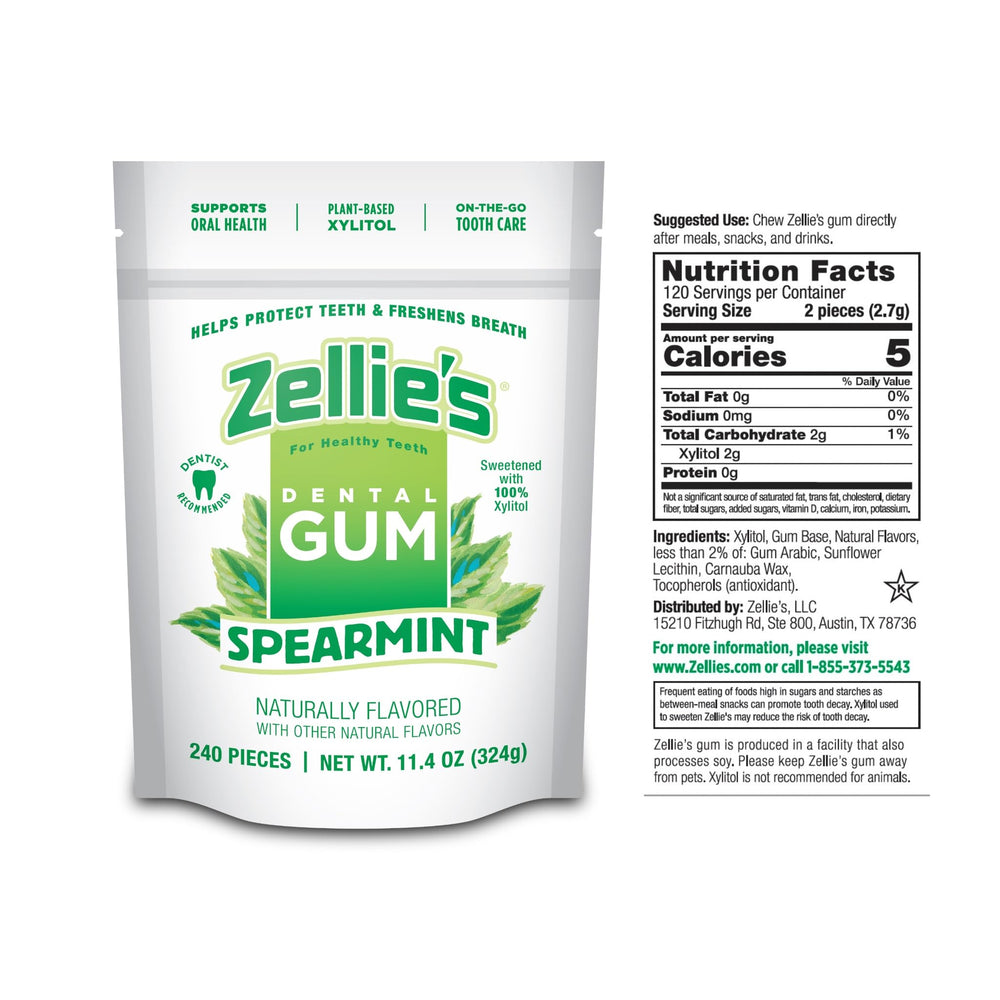 Zellie's spearmint gum foil pack closeup showing a clean design and mint flavor