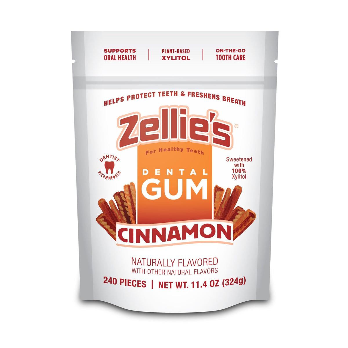 Zellie's Cinnamon xylitol gum front-pack for on-the-go oral care