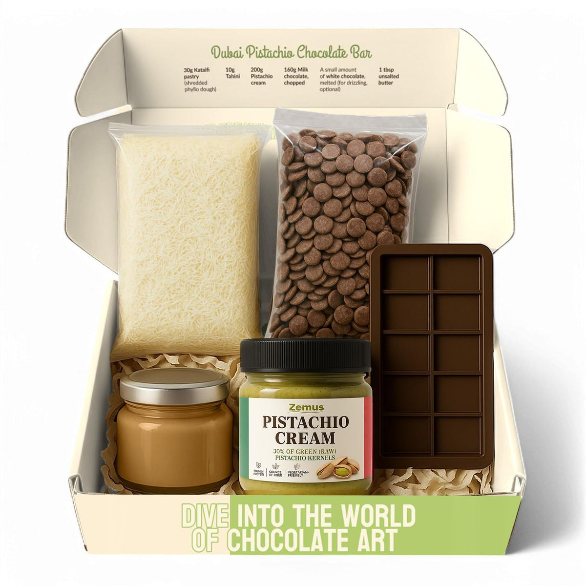 ZEMUS viral Dubai chocolate bar kit packaging, ideal for gifting and quick setup.