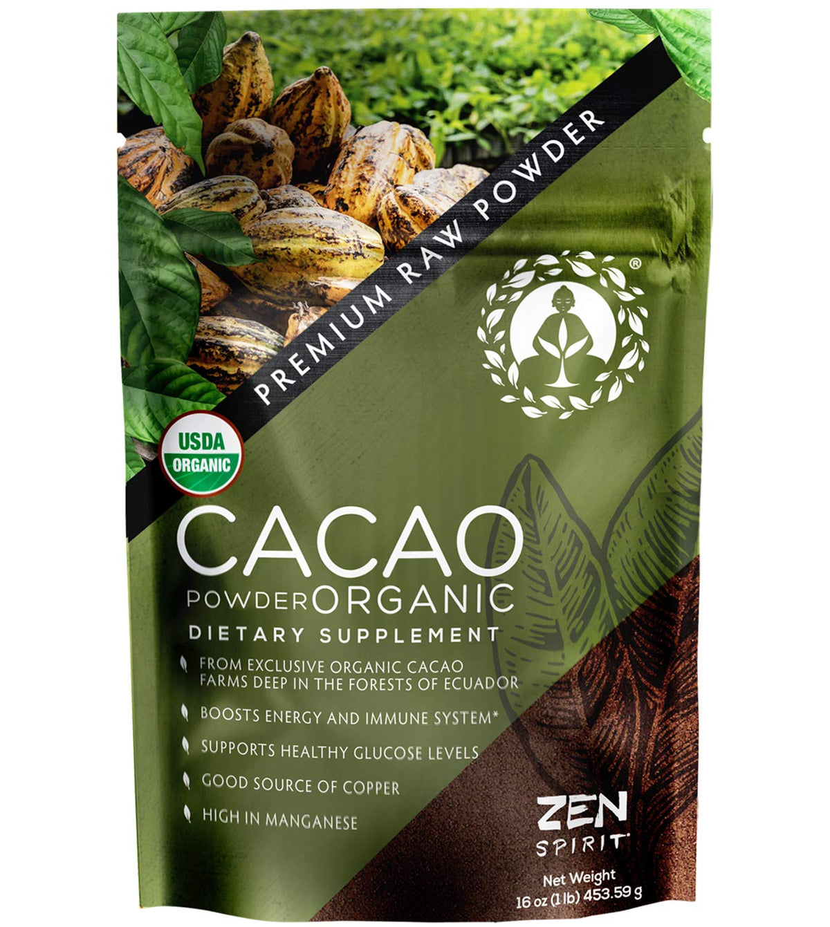 Zen Spirit Cacao Powder jar showcases unsweetened cacao ideal for keto-friendly recipes.