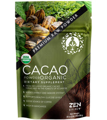 Zen Spirit Cacao Powder jar showcases unsweetened cacao ideal for keto-friendly recipes.