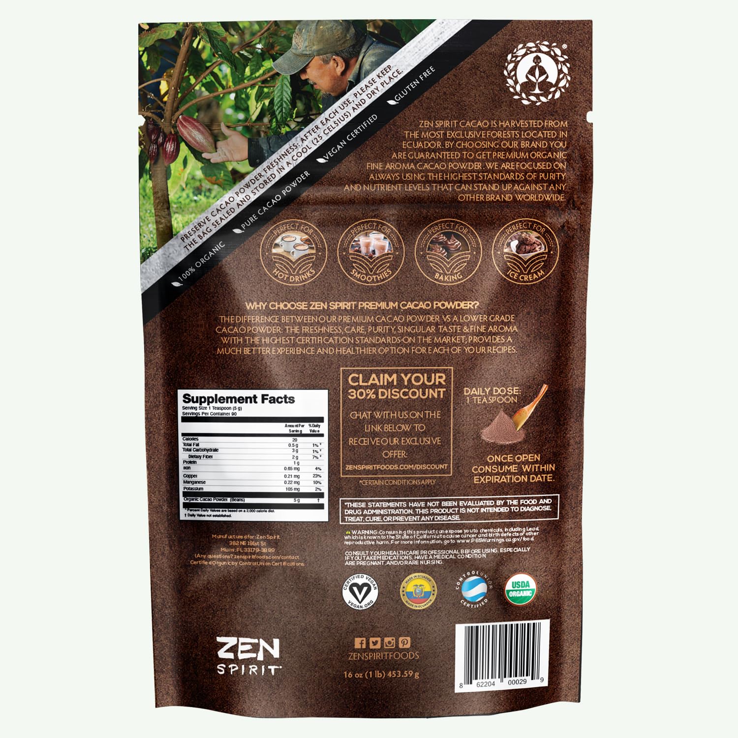 Zen Spirit Cacao Powder pour demonstrates easy mixing into drinks and smoothies.