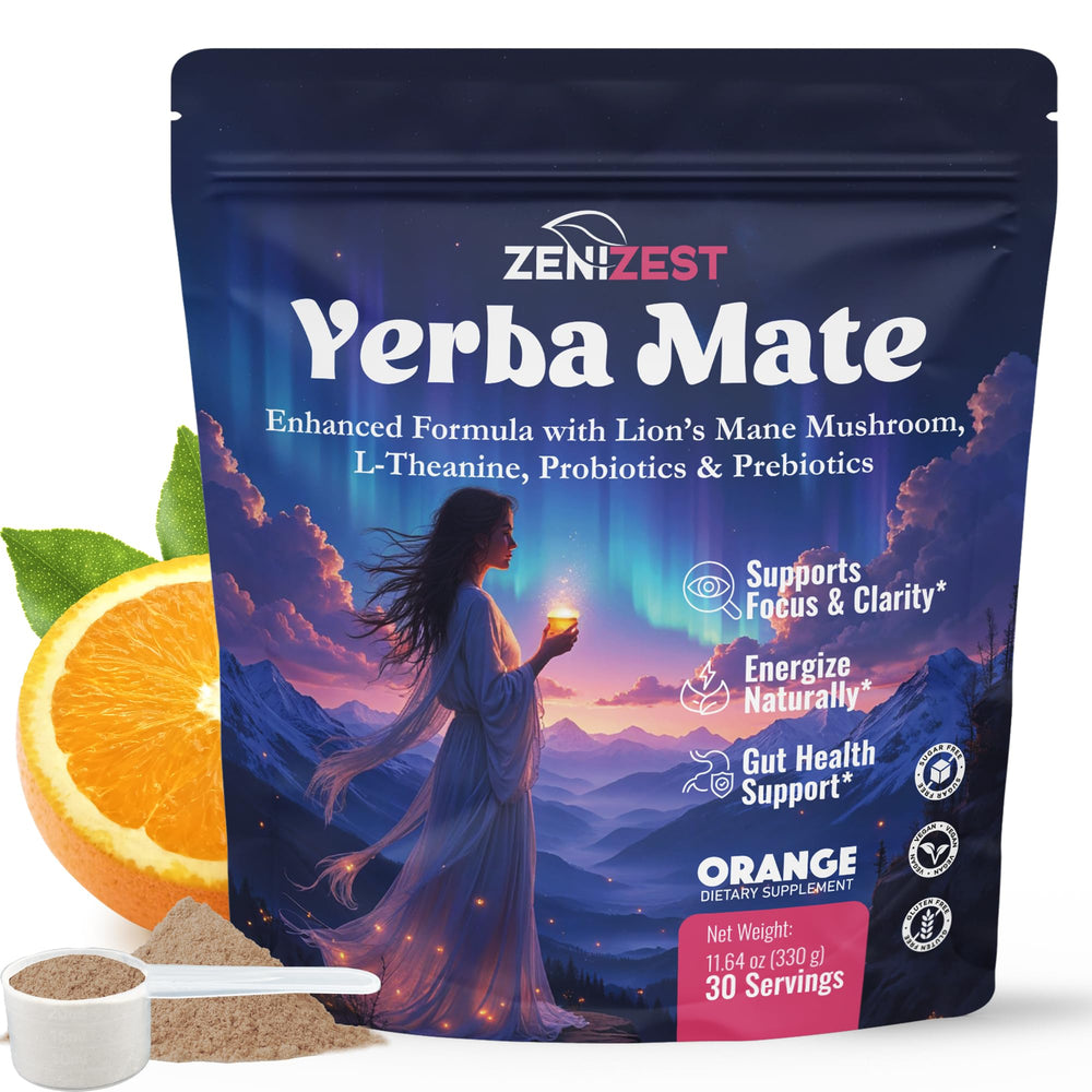 ZeniZest Yerba Mate instant tea bottle with orange flavor energizing daily routines