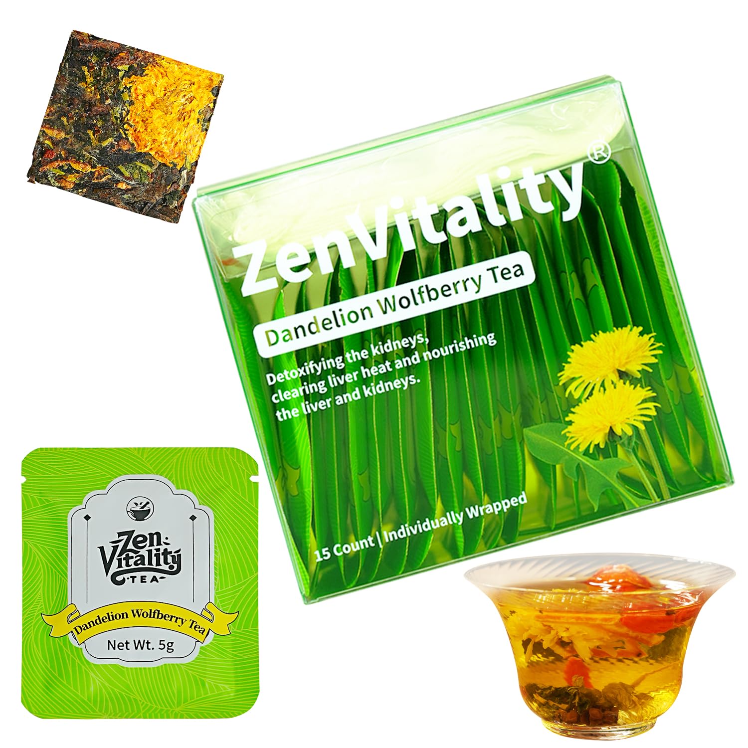 ZenVitality dandelion-wolfberry tea bag in cup for gentle digestion support.