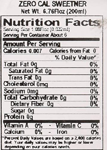 Zero Cal Sweetener Drops on a table show convenient 200ml size.