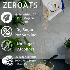 Zeroats Organic Oatmeal ingredients label showcasing organic, non-GMO oats.