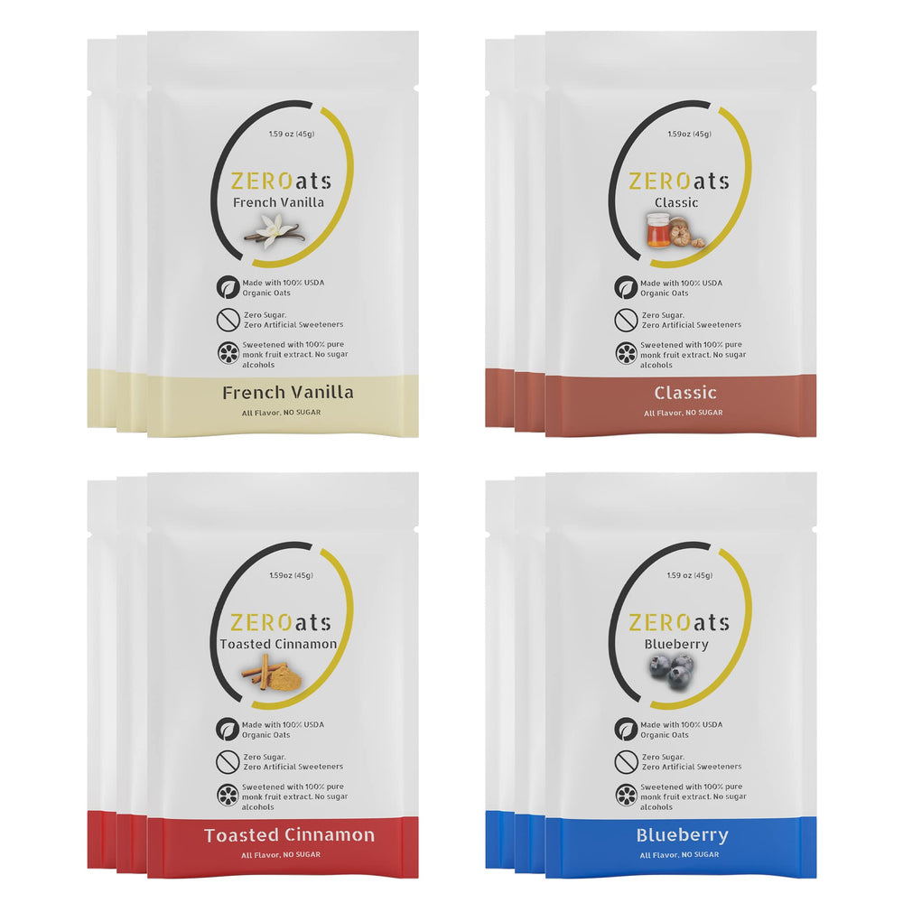 Zeroats Organic Oatmeal Variety Pack front view for quick, nutritious mornings.