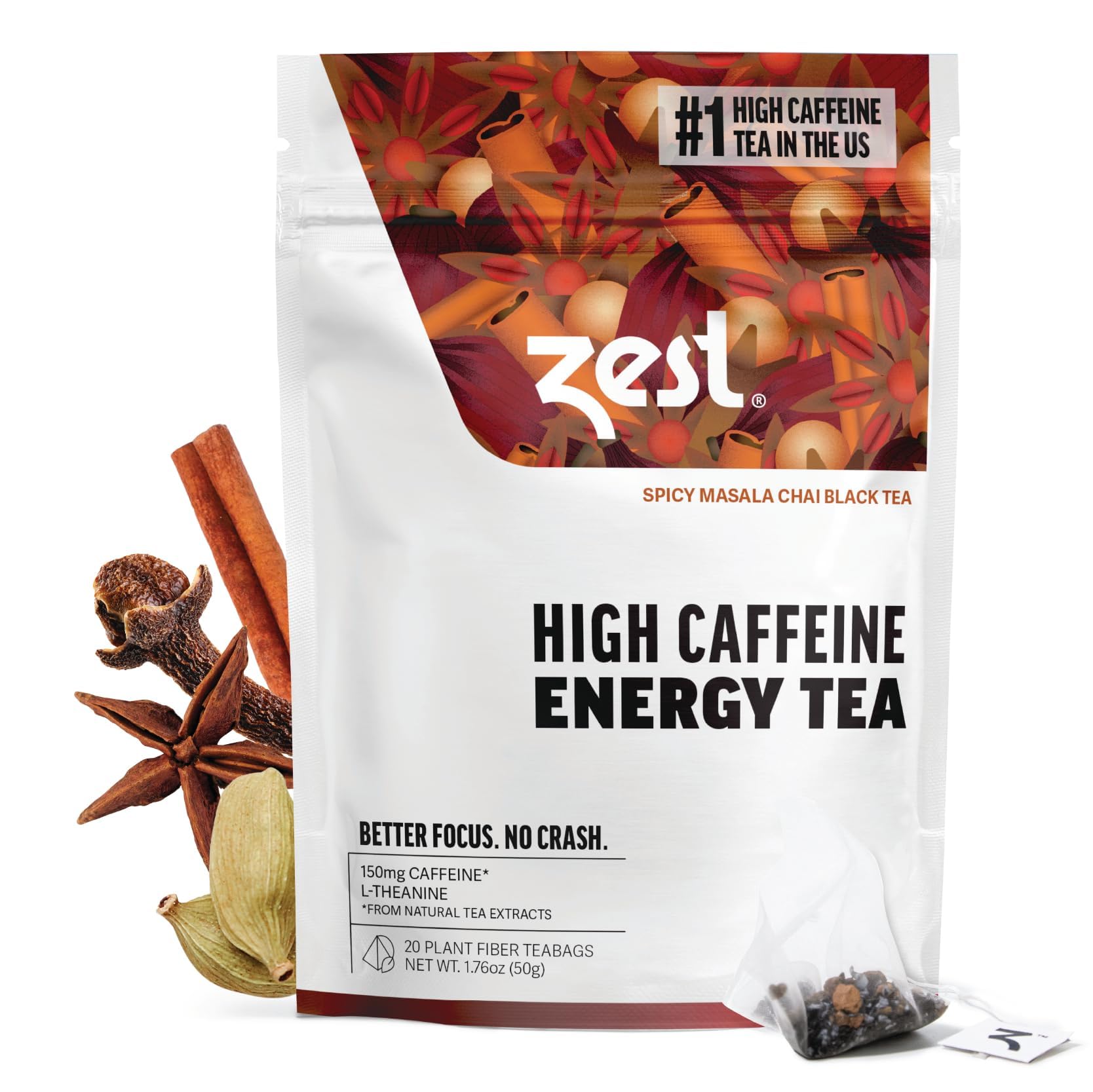 Zest 150mg energy tea pack showing bold caffeine for a focused morning.