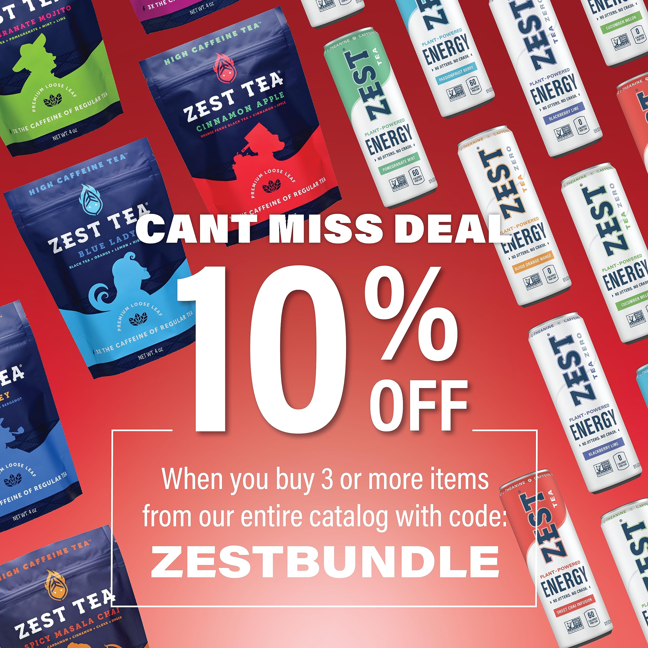 ZEST Cinnamon Apple Spice Tea label highlights 150 mg caffeine per bag