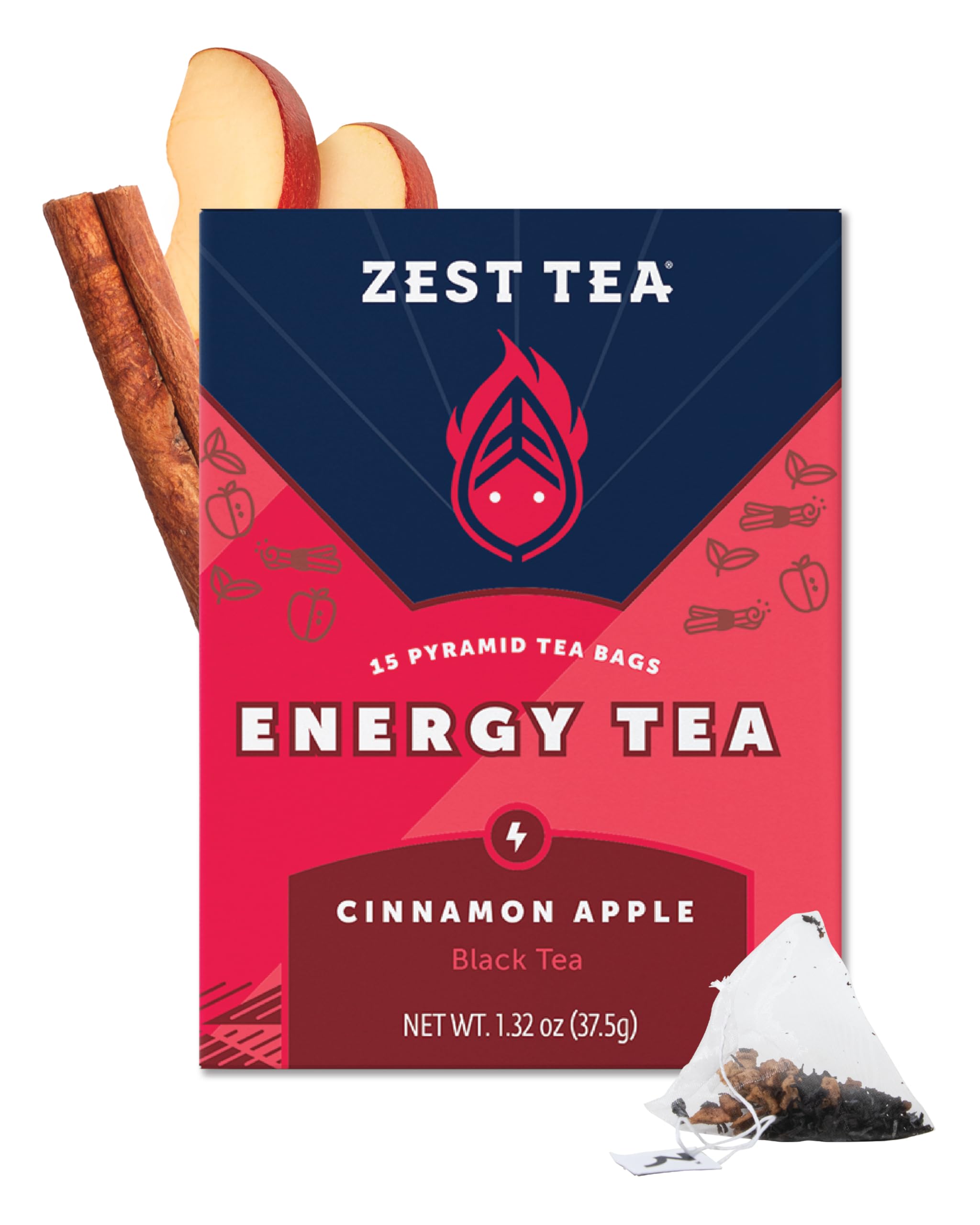 ZEST Cinnamon Apple Spice Energy Tea pyramid bag ready to brew for focus