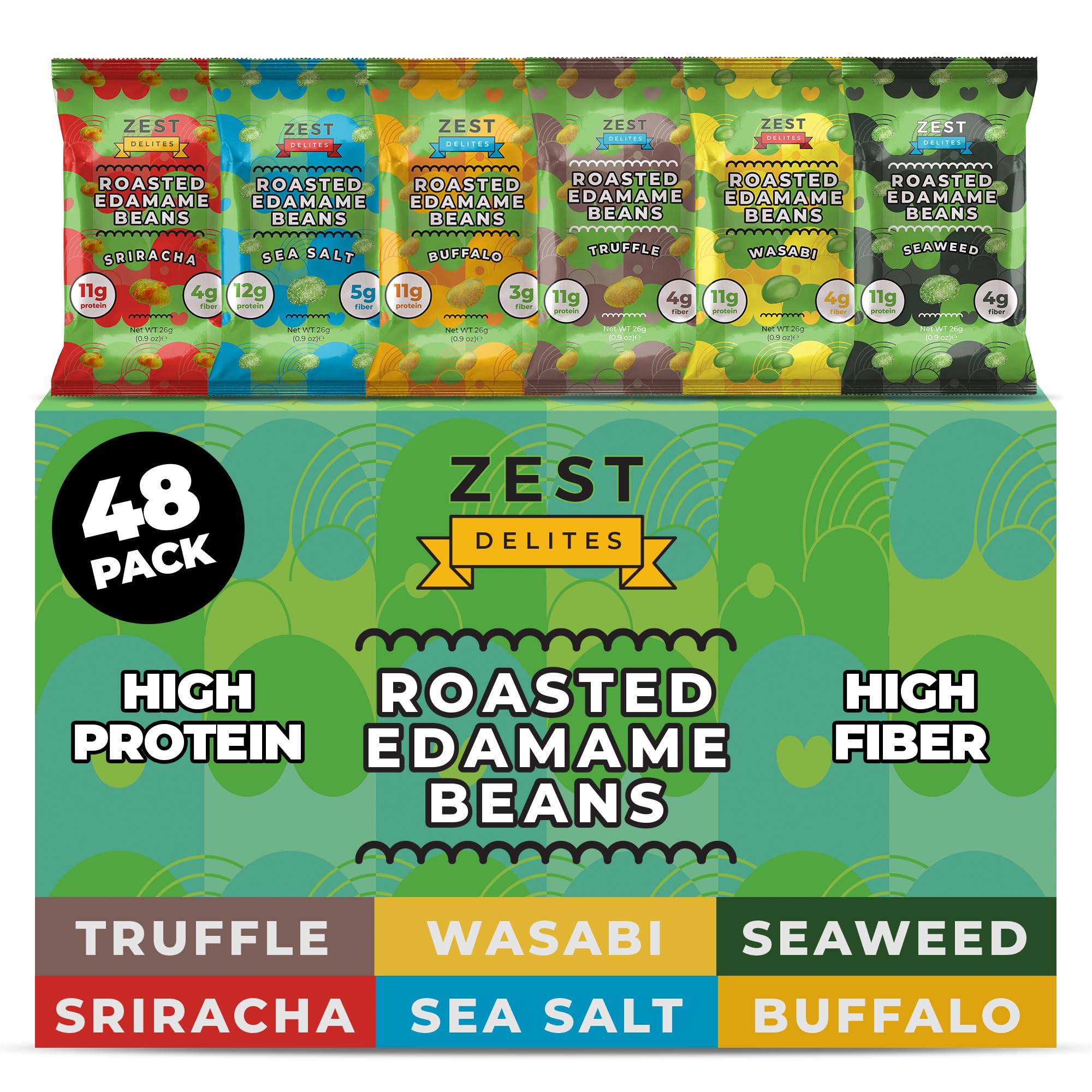 ZEST Delites Edamame Snack Sea Salt 48-pack on-the-go, high protein and low carb.