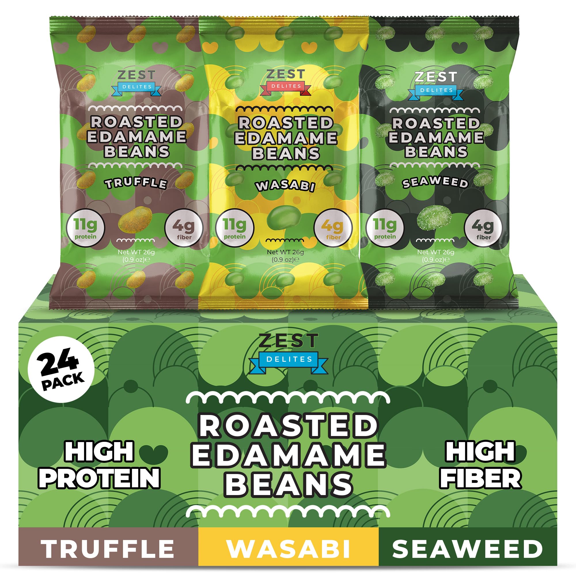 ZEST Delites edamame snack pack-front shows bold truffle and seaweed flavor for protein boost.