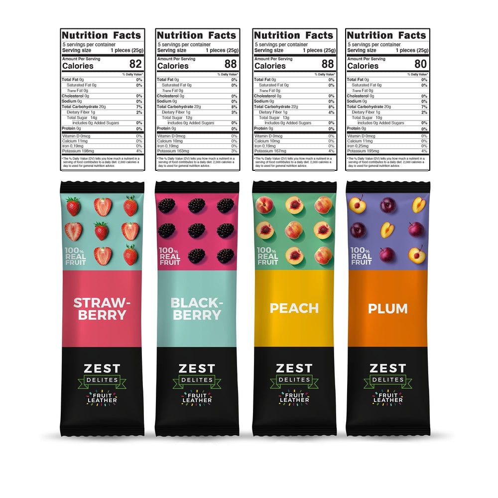 Zest Delites fruit leather apple-blackberry bars, ideal for quick energy during errands