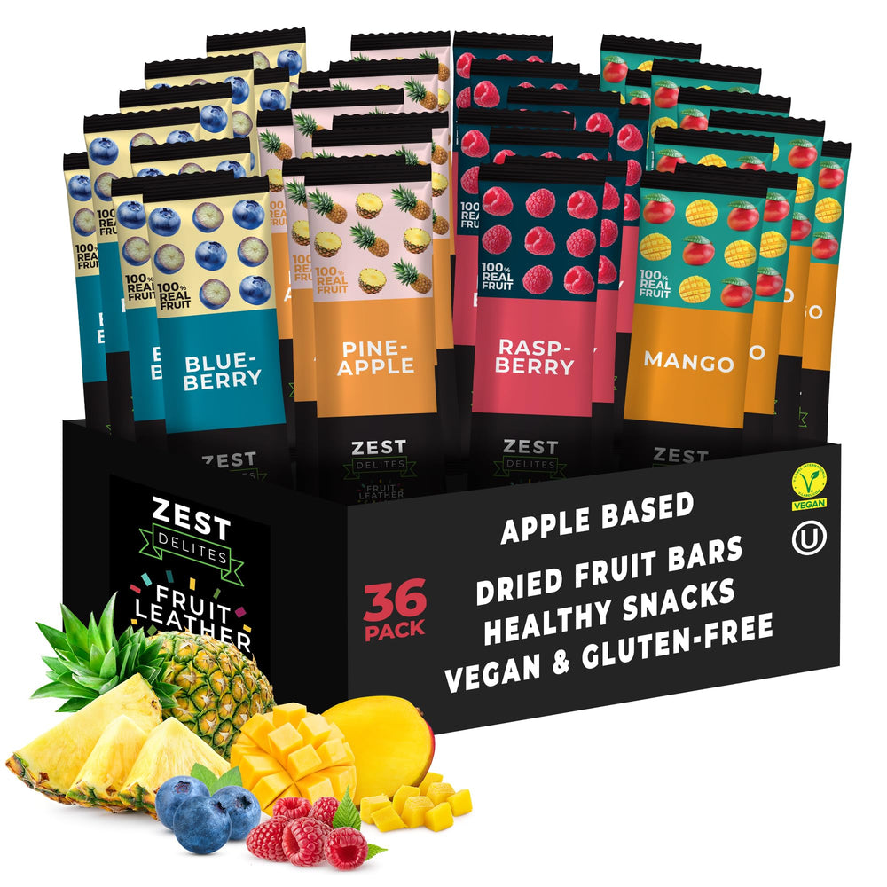 ZEST Delites fruit snacks pack front featuring apple-based bars for a healthy snack.