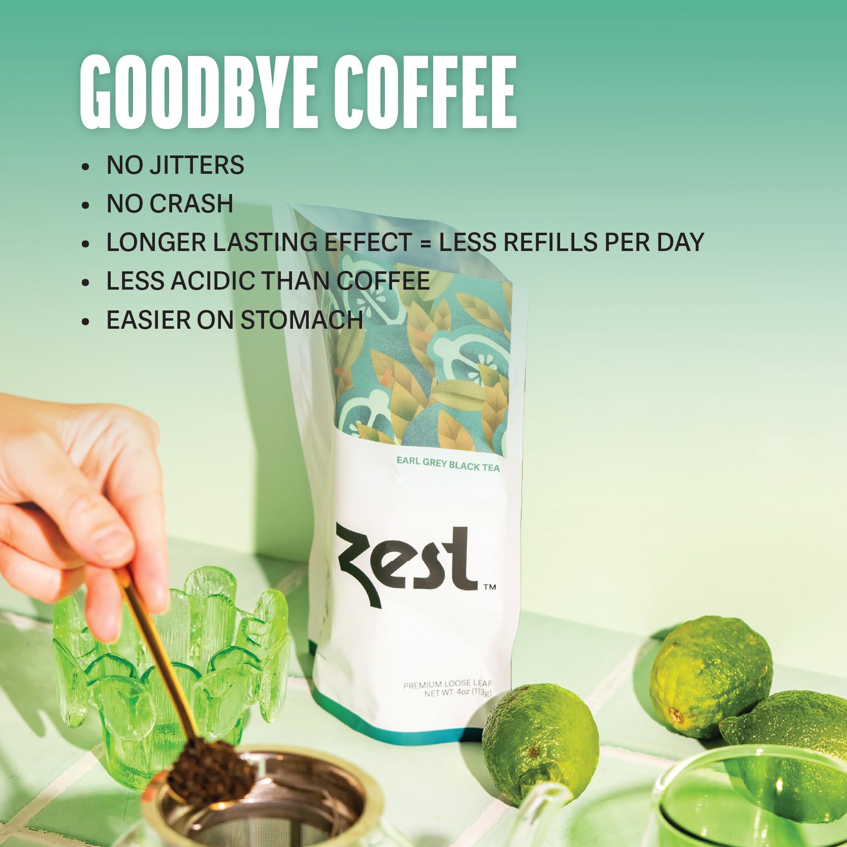 ZEST Earl Grey Energy Tea bags close-up highlighting bold bergamot aroma.