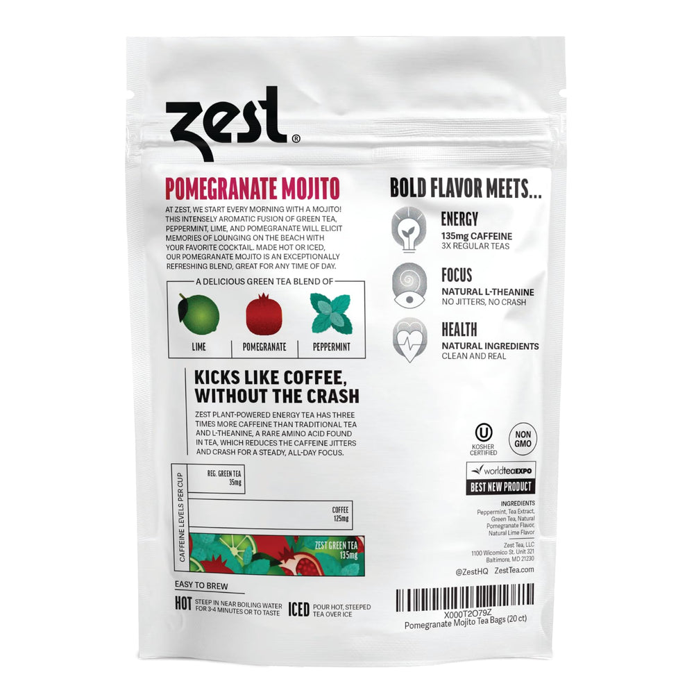 Close-up of ZEST Energy Green Tea bags highlighting natural ingredients.