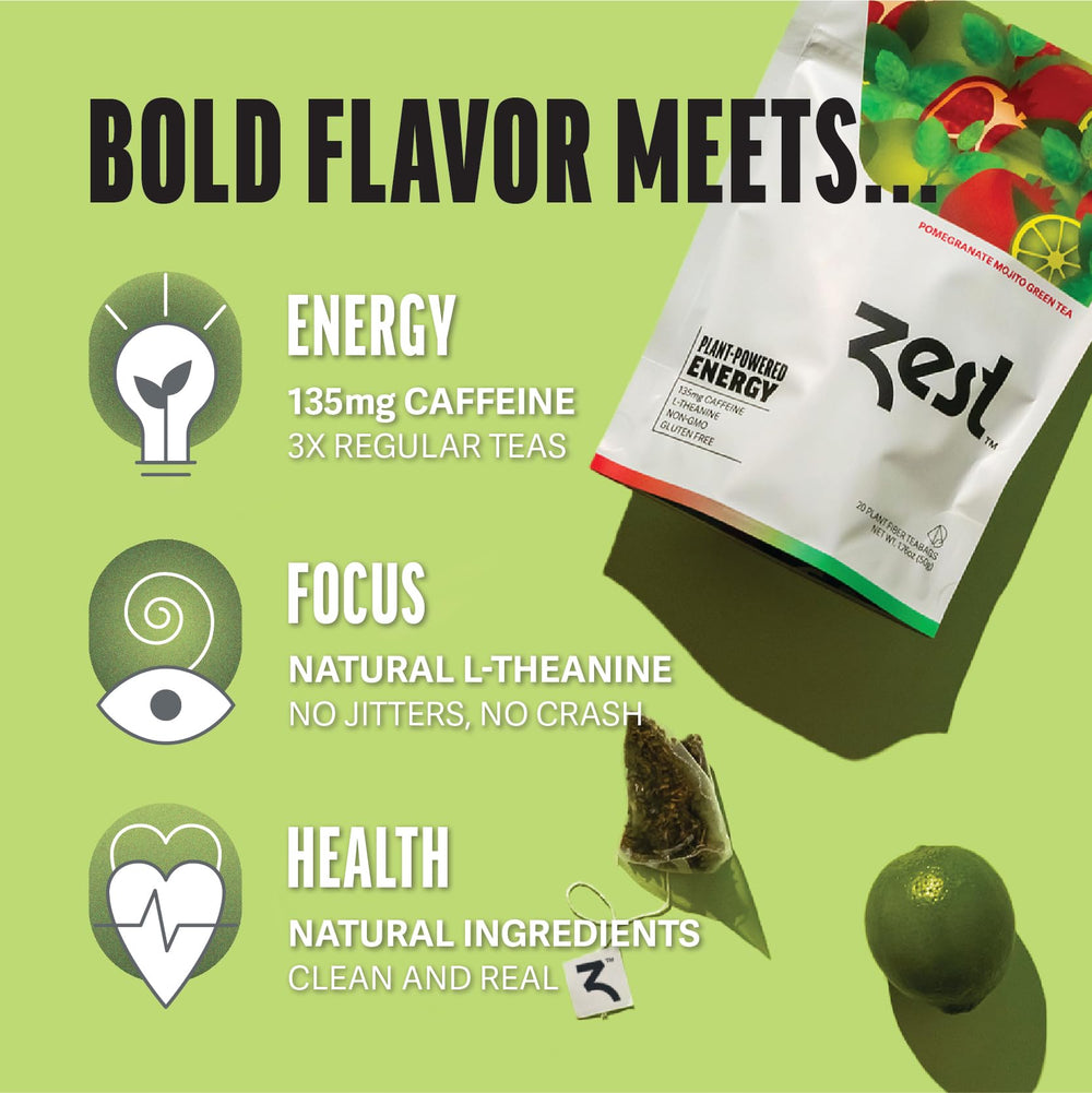 Dried green tea leaves and botanicals used in ZEST Energy Green Tea.