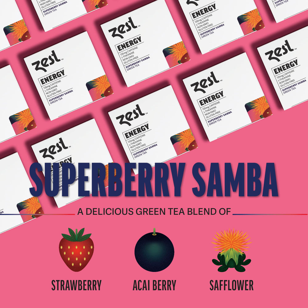 Glass of ZEST Energy Green Tea Superberry Samba iced tea for afternoon recharge