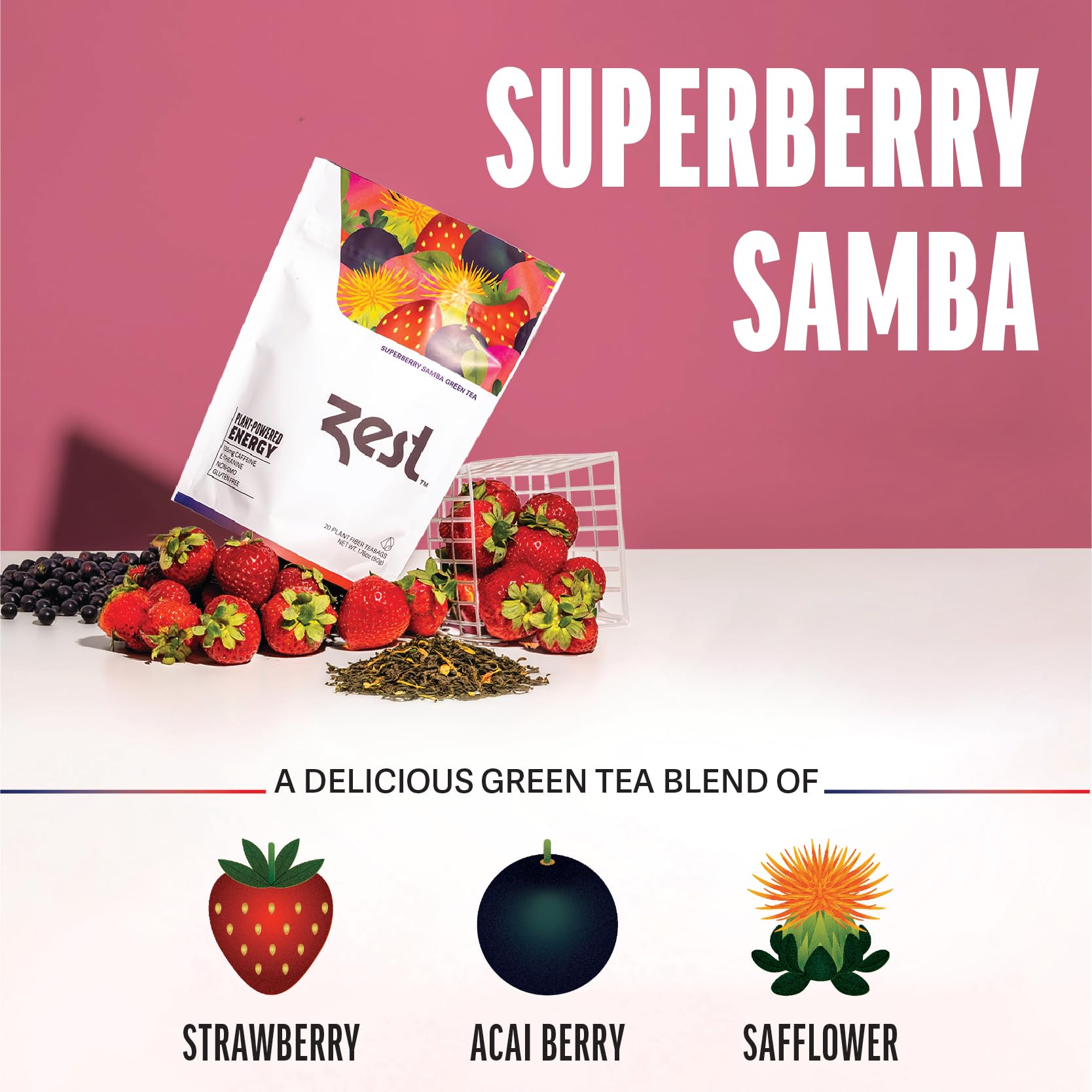 ZEST Energy Green Tea Superberry Samba ingredients highlight strawberry acai.