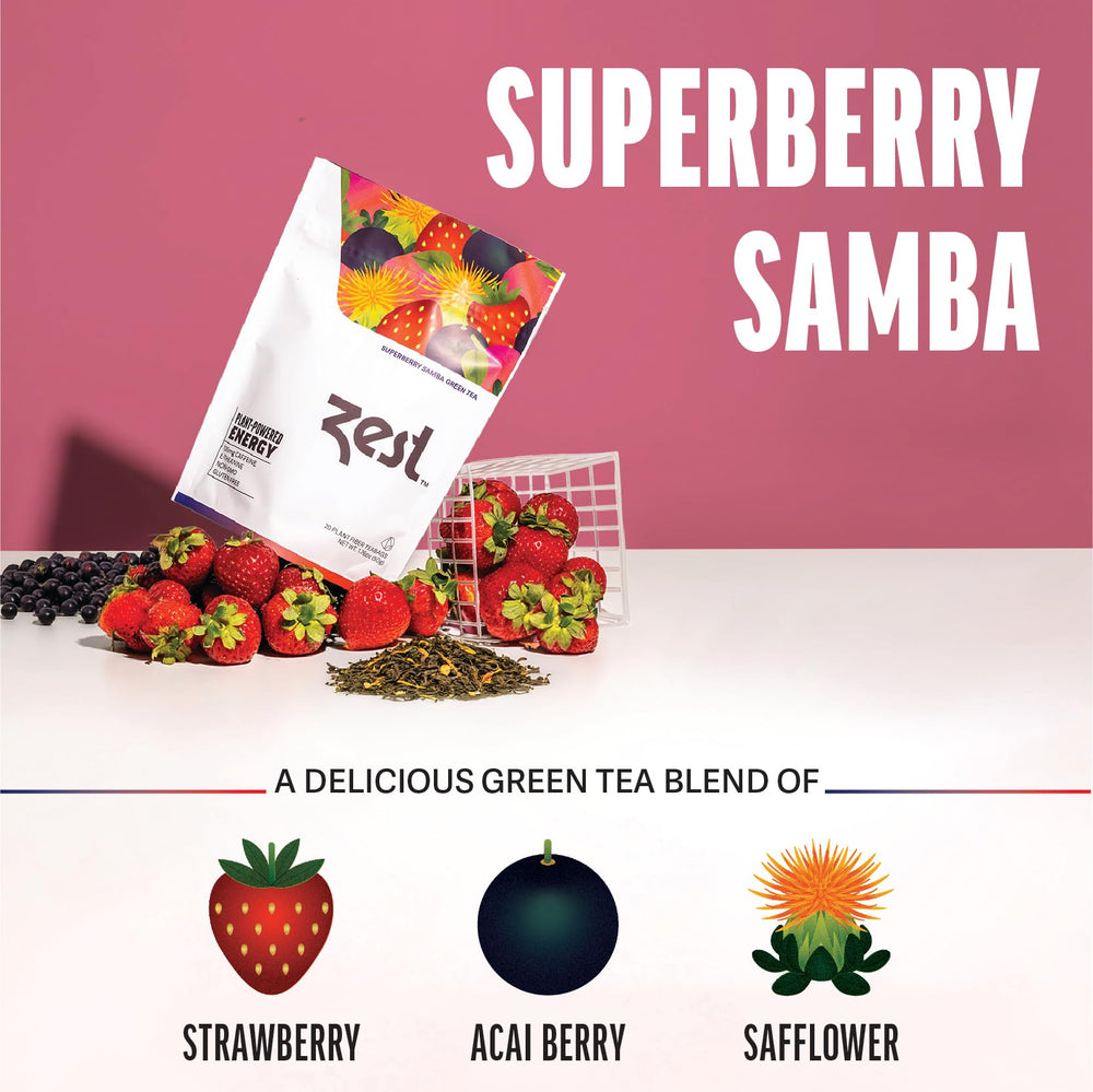 ZEST Energy Green Tea Superberry Samba ingredients highlight strawberry acai.