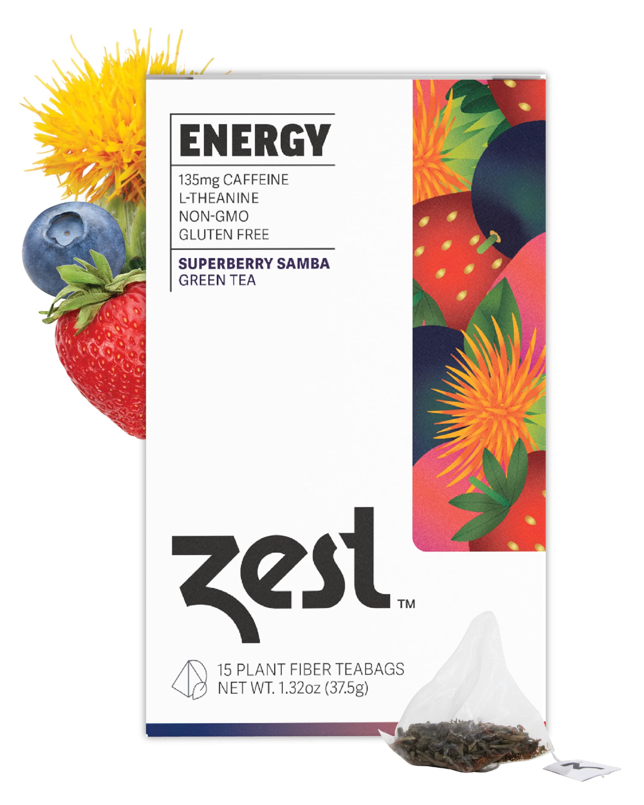 ZEST Energy Green Tea Superberry Samba tea bags in box for quick caffeine boost