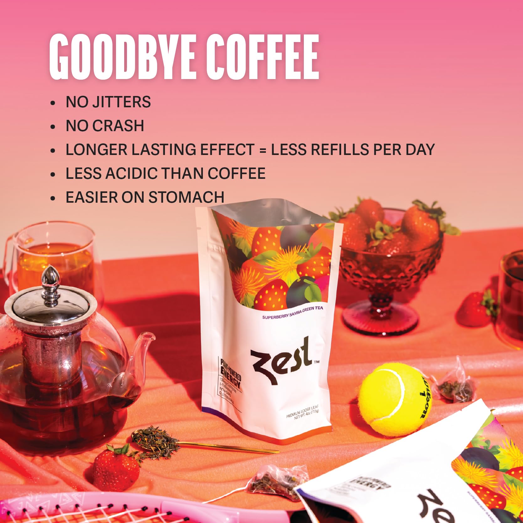 ZEST Energy Green Tea Superberry Samba teabags ready for a smooth caffeine boost.