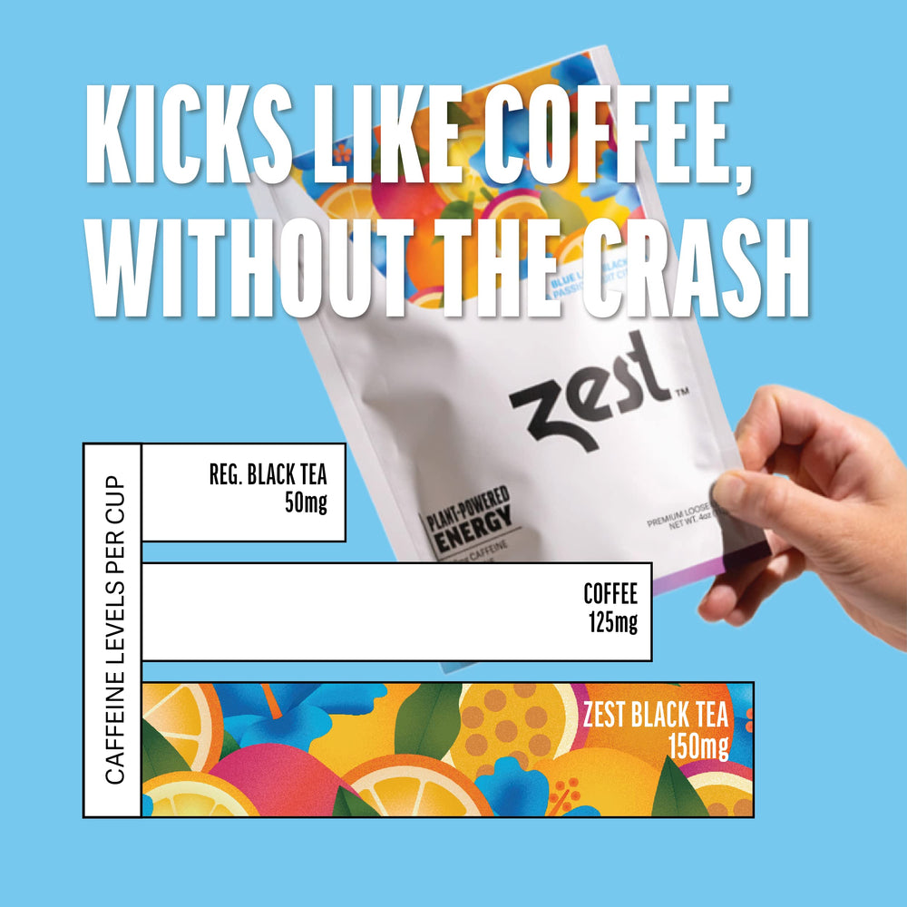 ZEST Energy Tea 150mg caffeine visual highlights natural energy