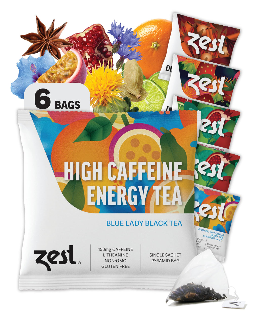 ZEST Energy Tea Assortment Box front view for quick caffeine pick-me-up