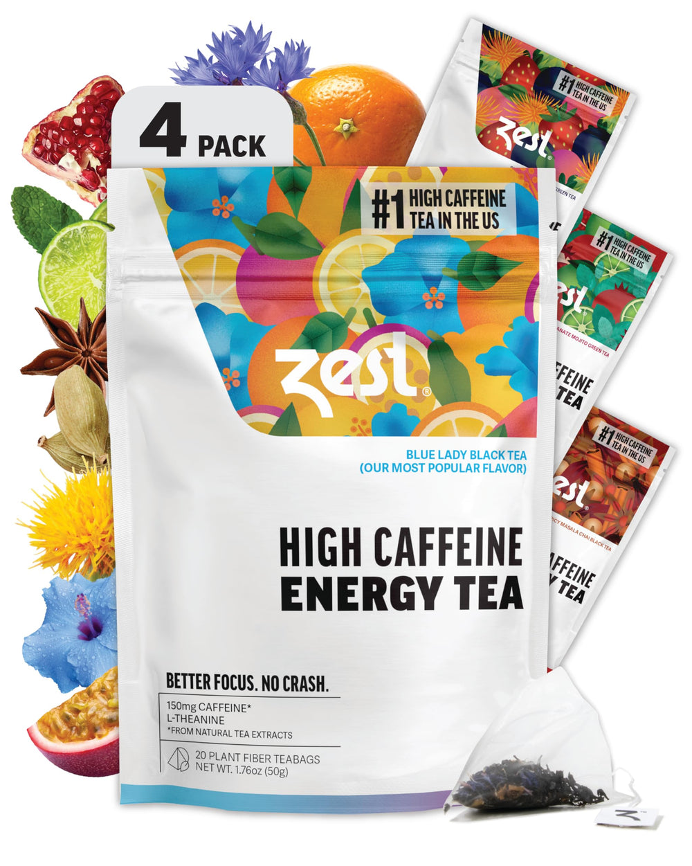ZEST Energy Tea Assortment Box packaging displayed on a kitchen counter ready to brew