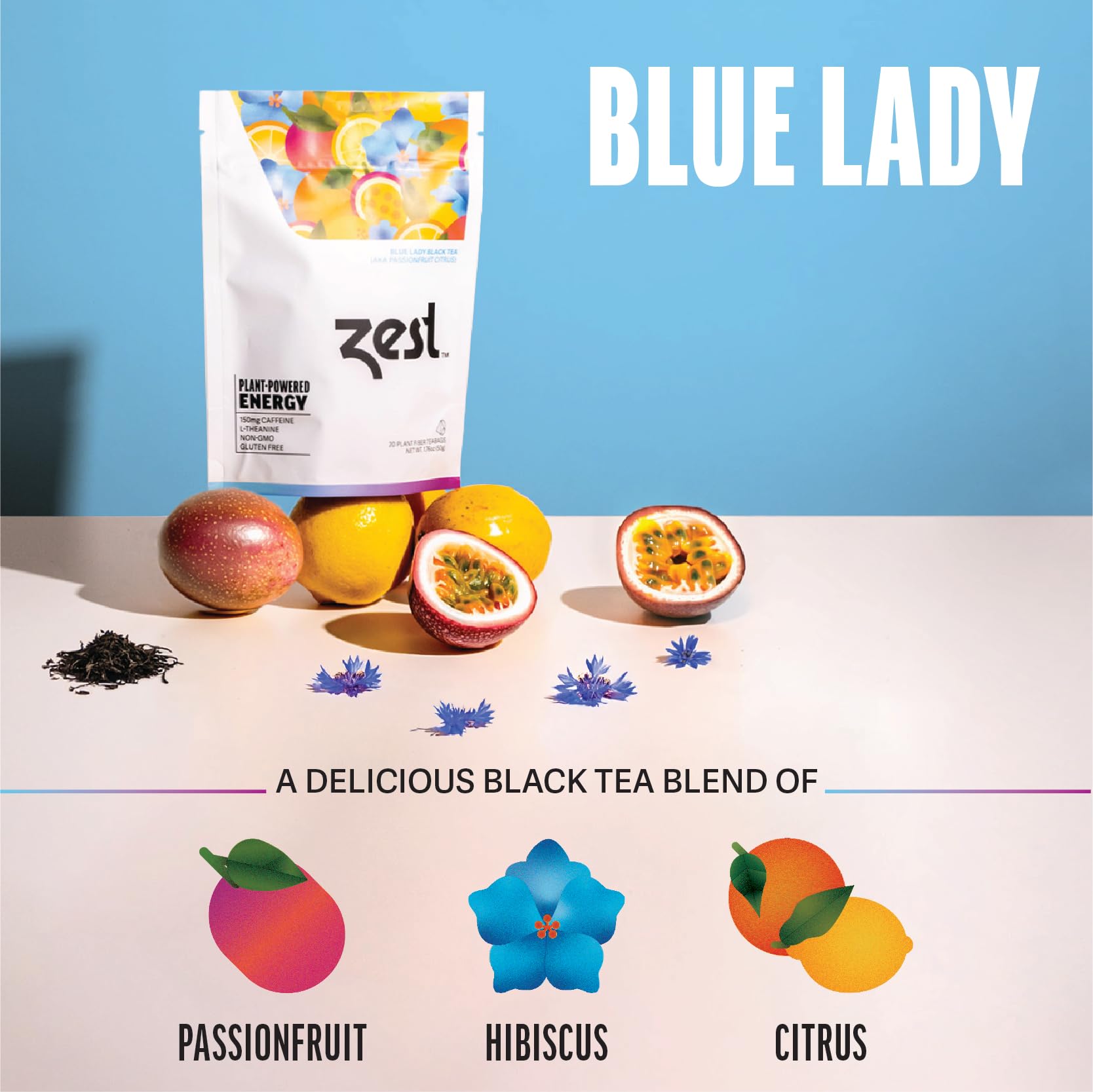 ZEST Blue Lady caffeine label highlights 150mg for mornings
