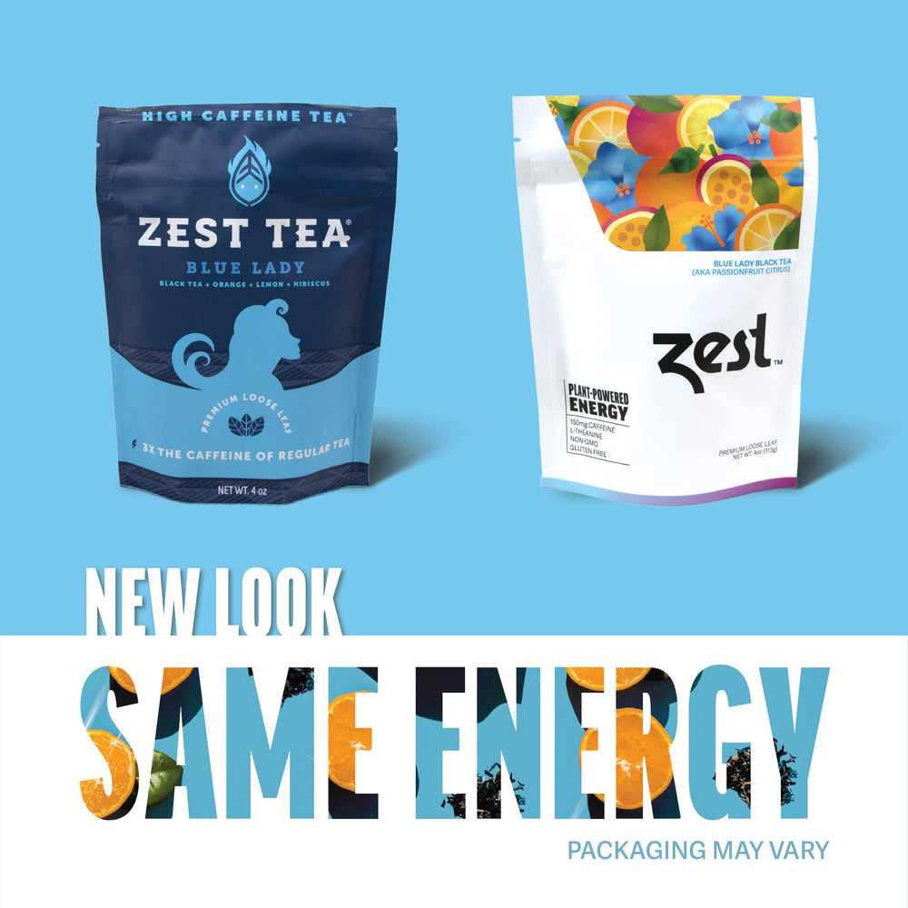 ZEST Energy Tea packaging emphasizes a plastic-free pouch and freshness