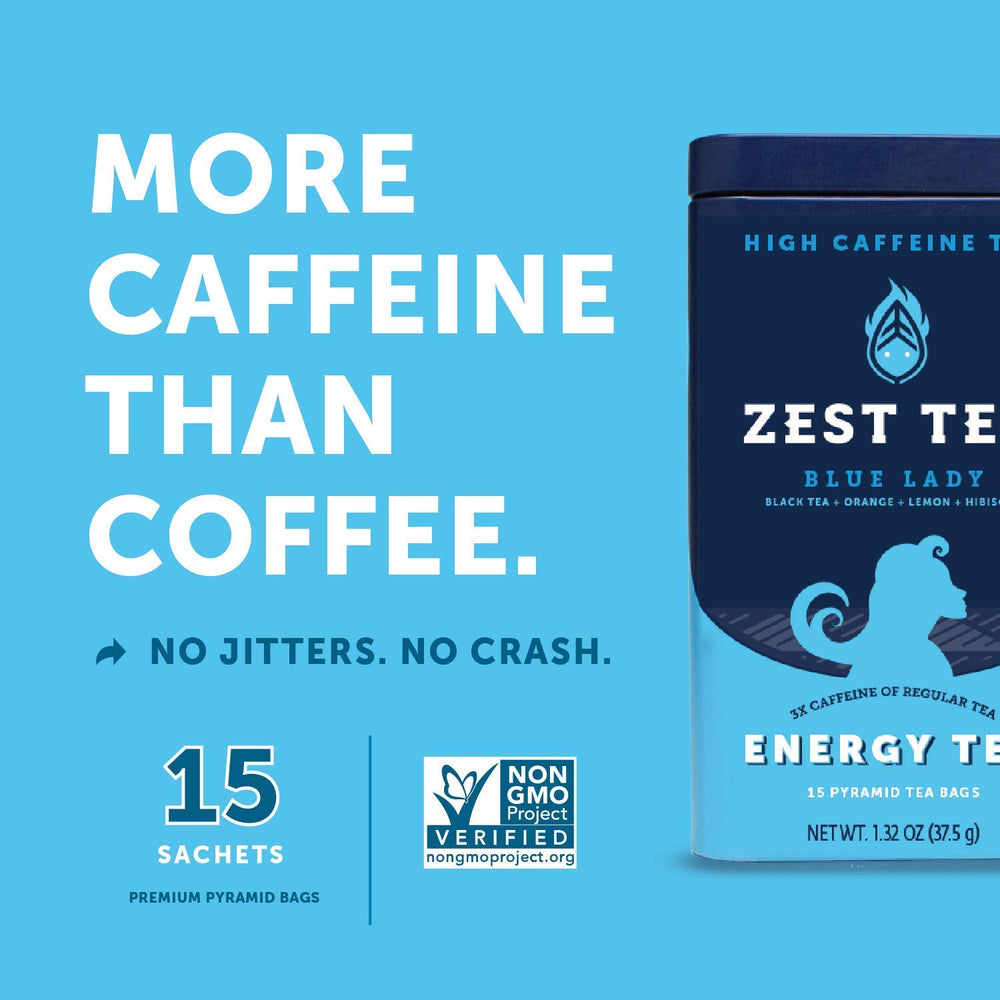 ZEST Energy Tea pyramid bags in box ready for convenient brewing.