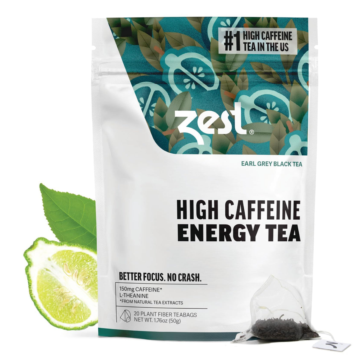 ZEST High Caffeine Black Tea packaging with eco-friendly pyramid bags for quick mornings.