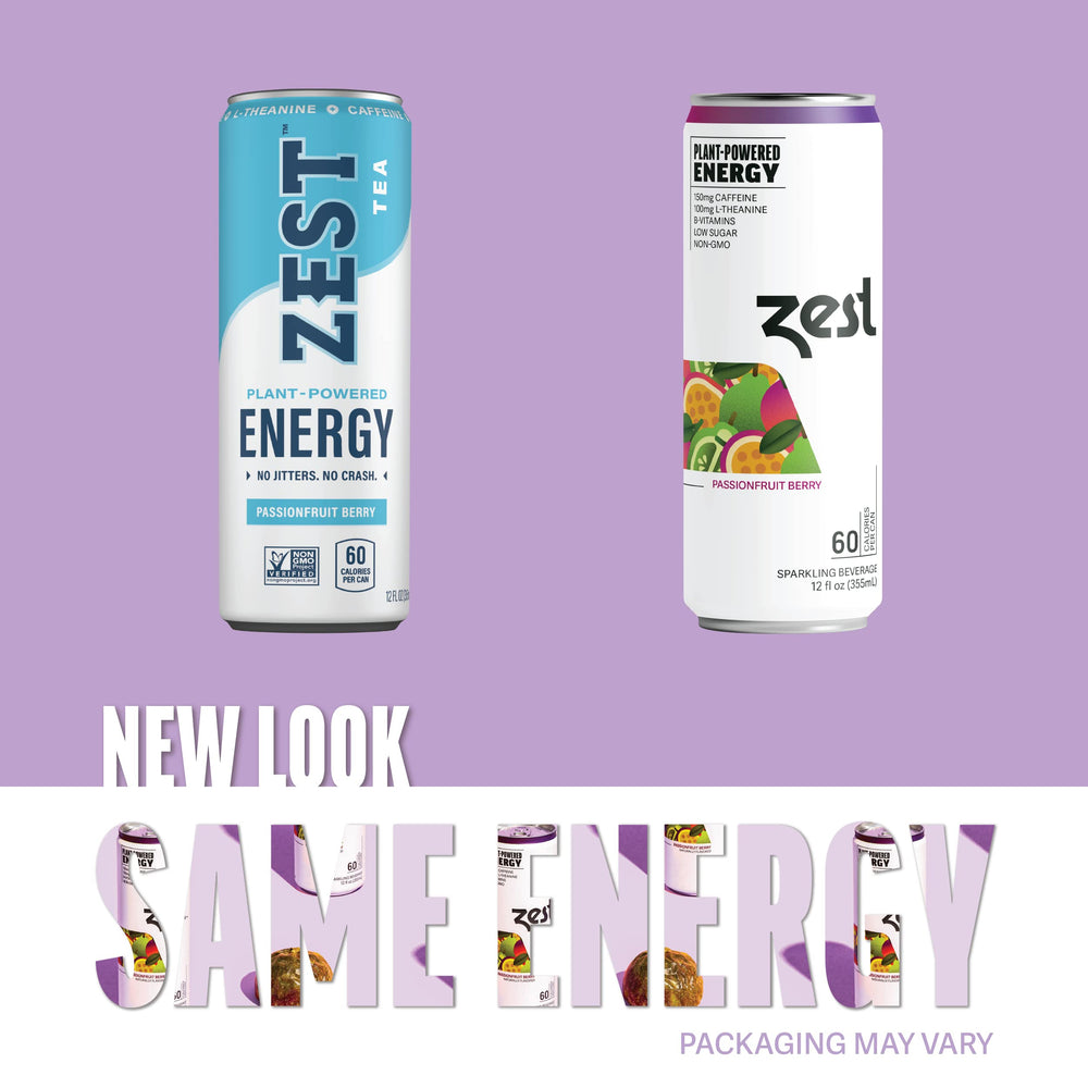 ZEST Passionfruit Berry close-up highlights caffeine and L-Theanine for focused energy.