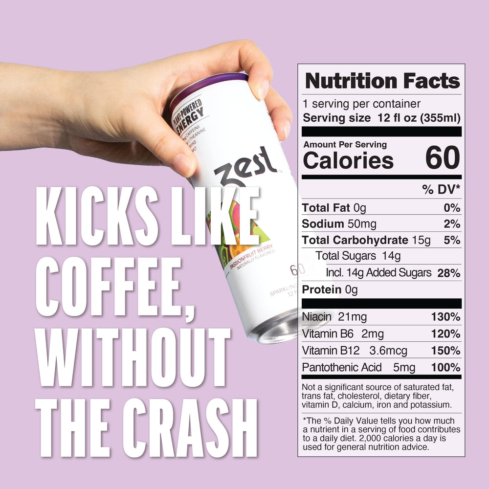 ZEST Passionfruit Berry can side angle shows clean label and natural ingredients.