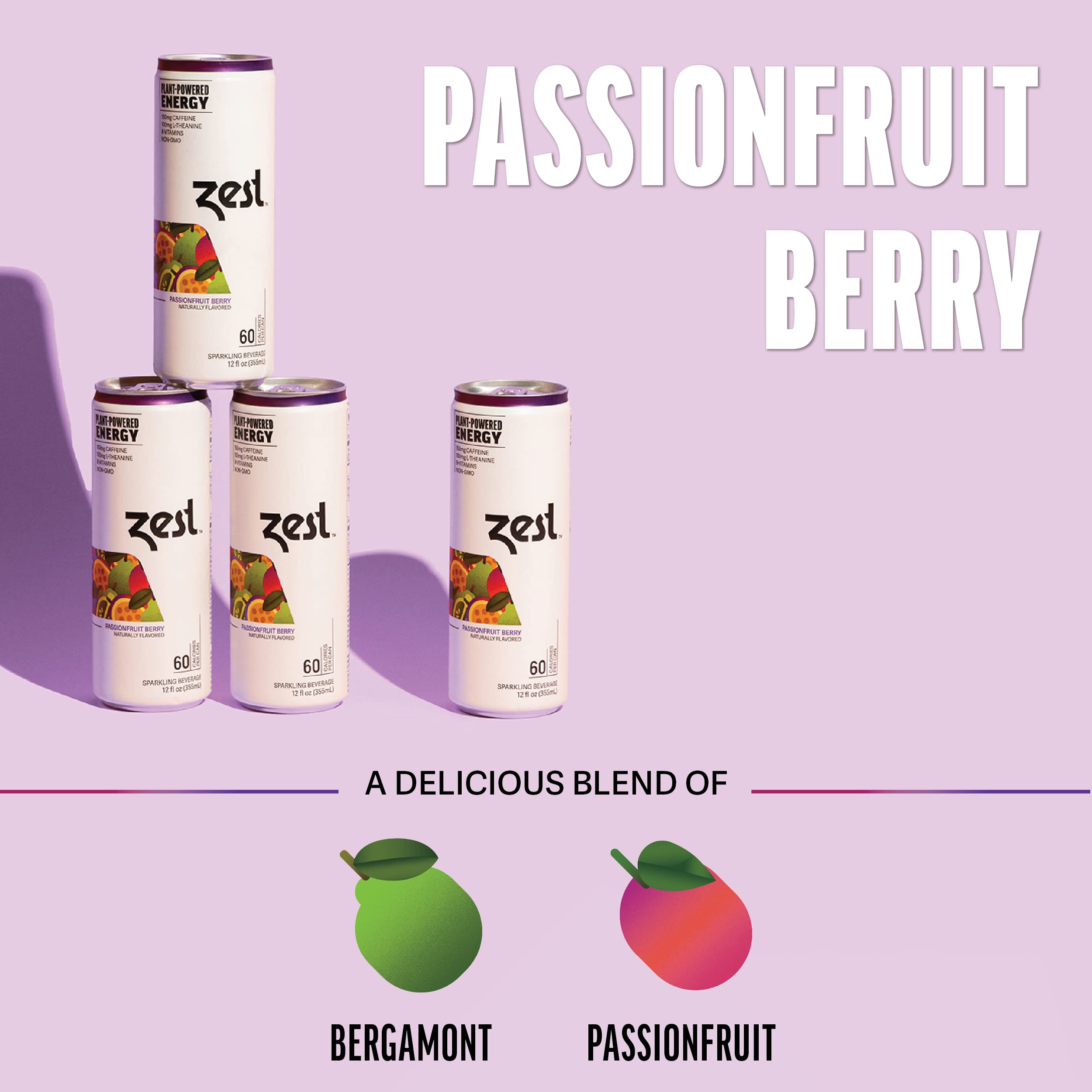 ZEST Passionfruit Berry ingredients graphic shows non-GMO and real cane sugar.