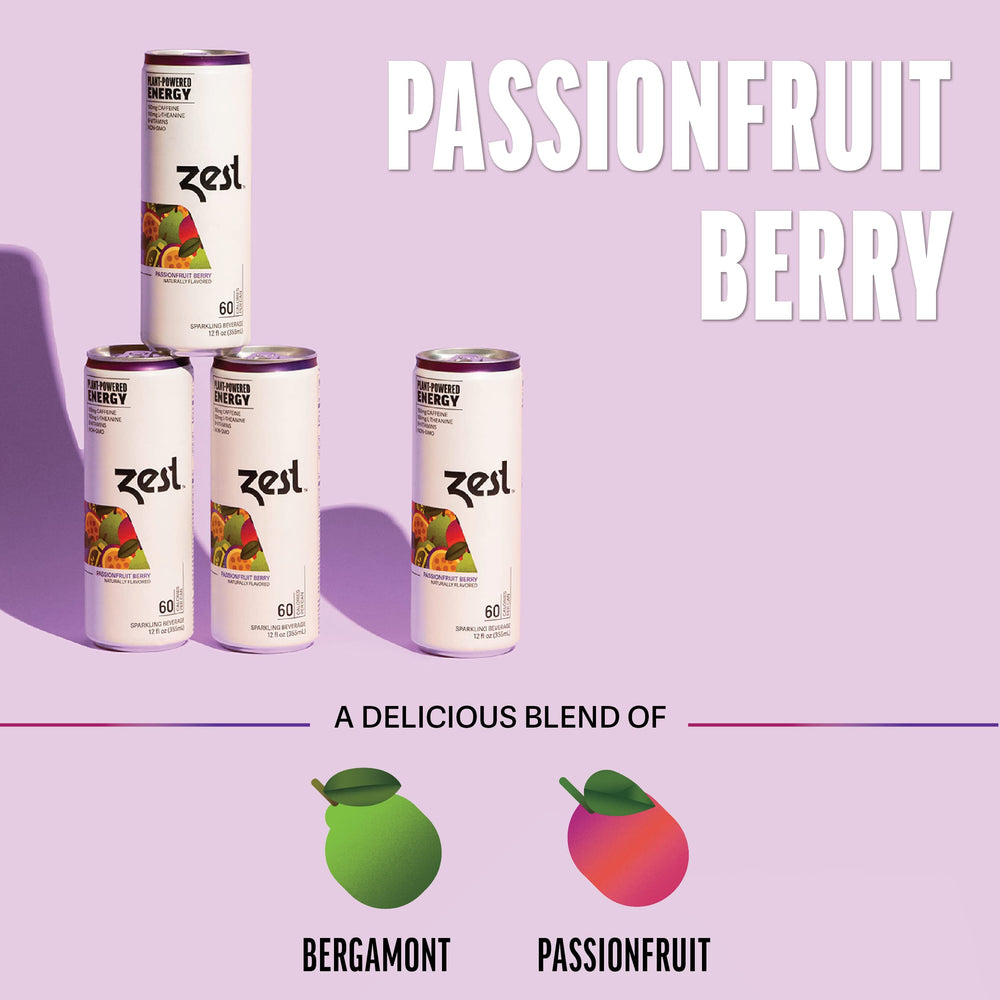 ZEST Passionfruit Berry ingredients graphic shows non-GMO and real cane sugar.