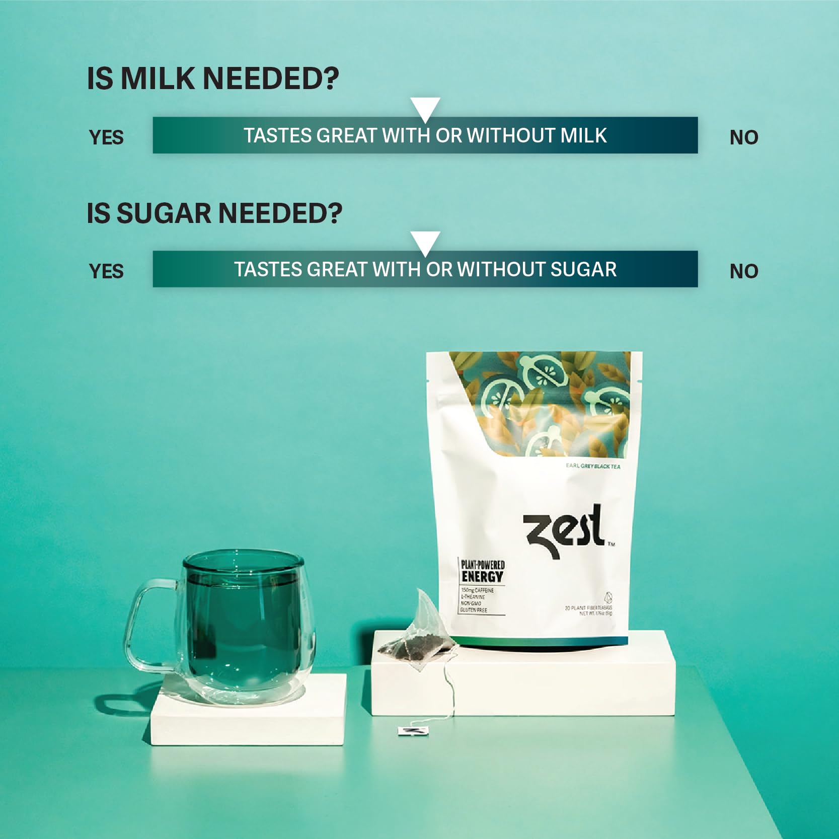 Plastic-free pyramid bags emphasize planet-friendly packaging for ZEST tea.