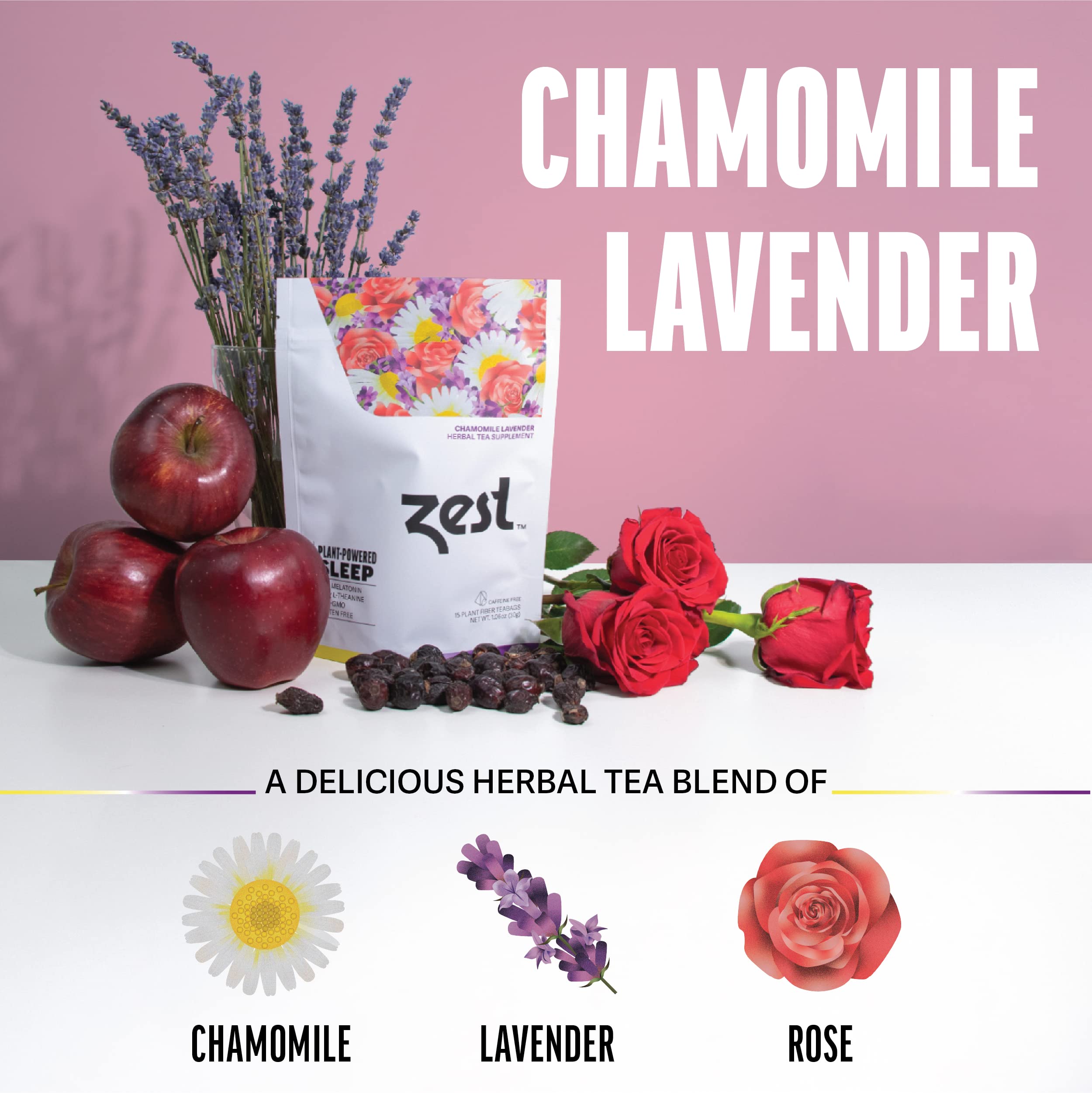 ZEST Sleep Tea Chamomile Lavender highlights natural calming ingredients.