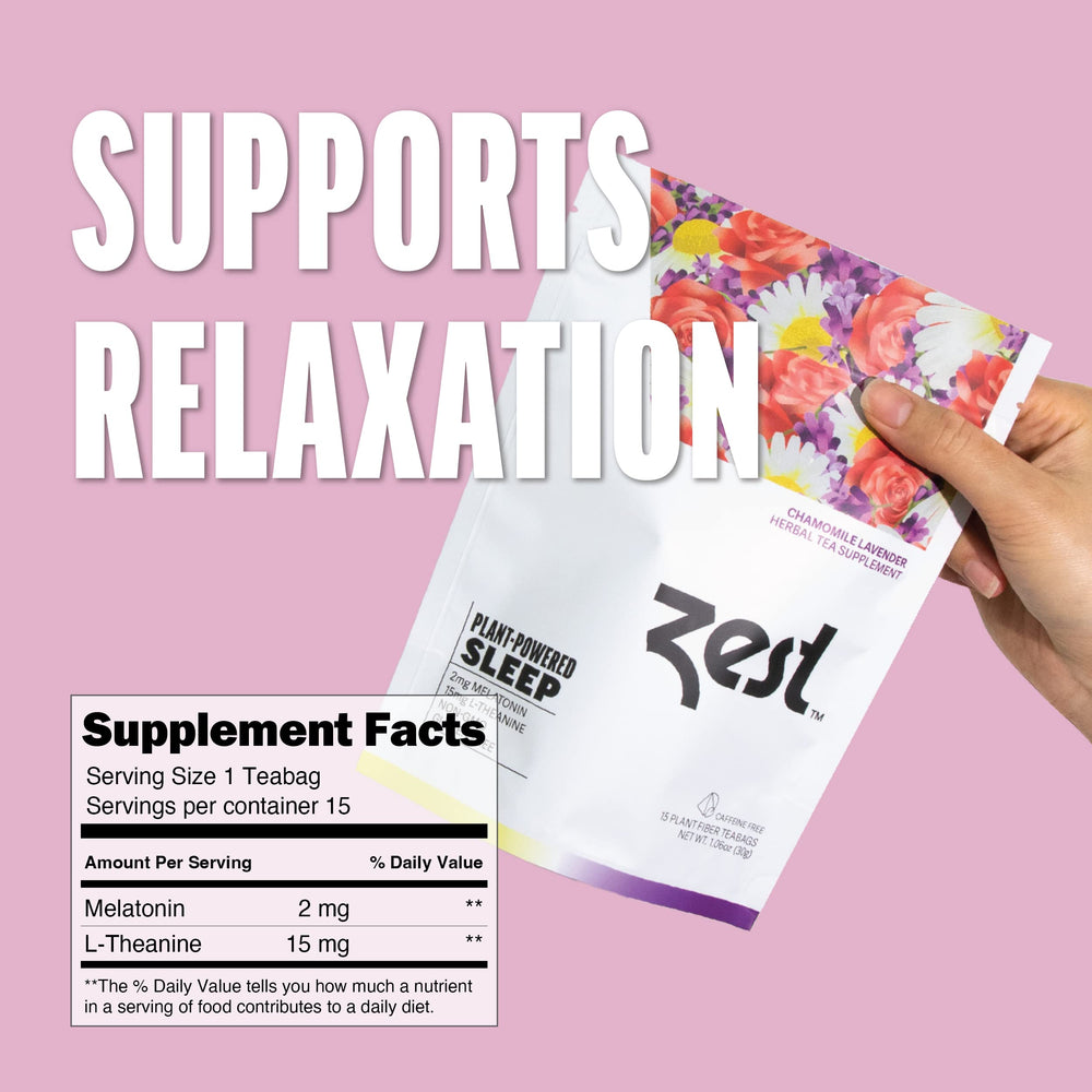 ZEST Sleep Tea label close-up shows melatonin and L-Theanine.