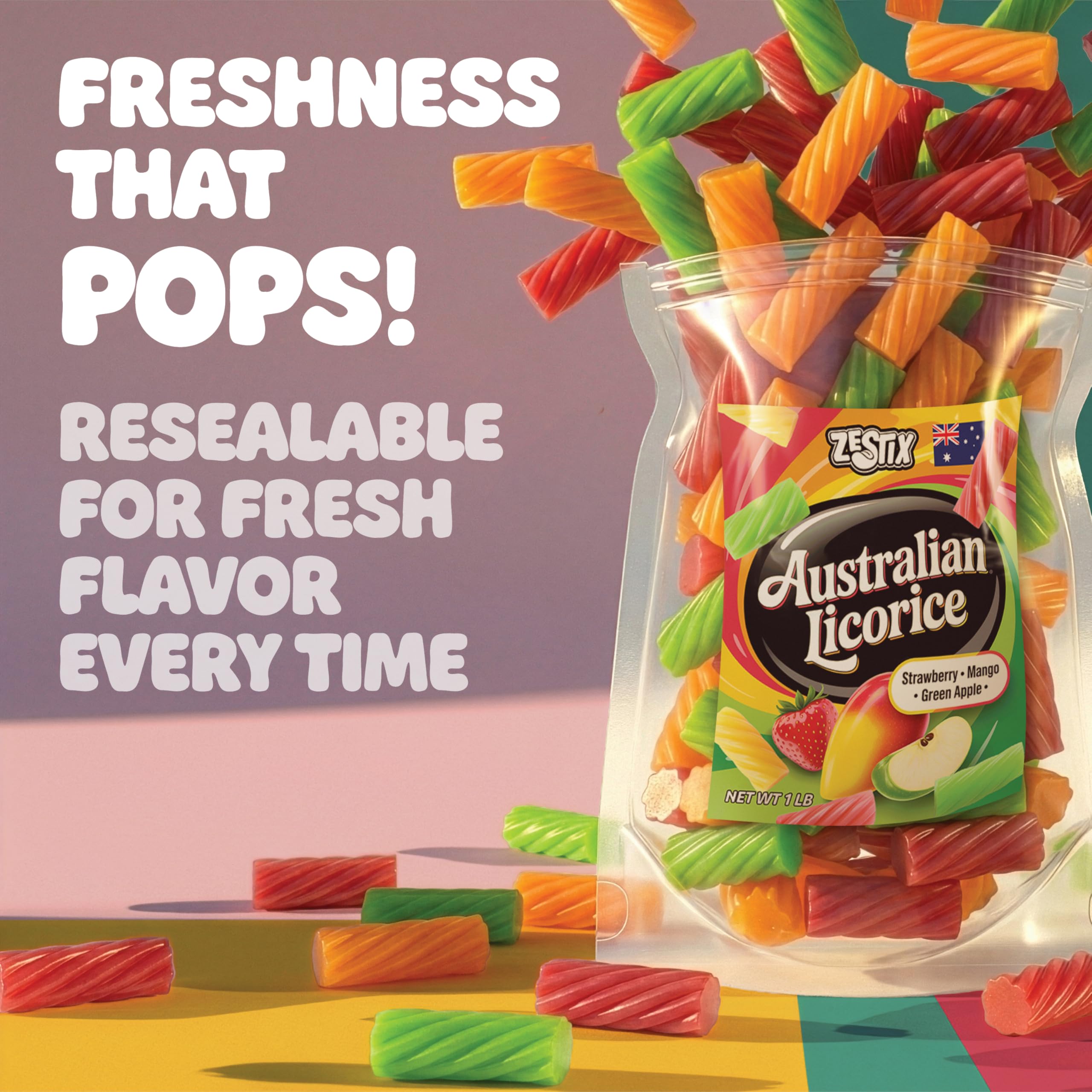 Zestix Australian Licorice Colorful Mix – bright flavors brighten candy bowls and desserts.