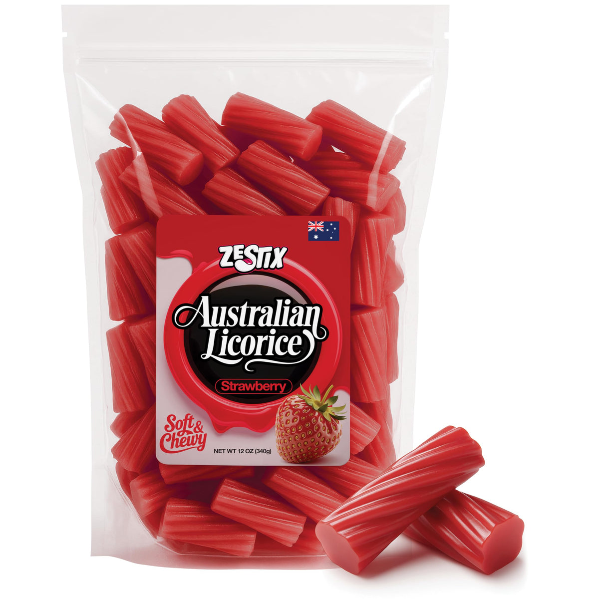 Zestix strawberry licorice 12oz bag shows bold fruit flavor for snacking