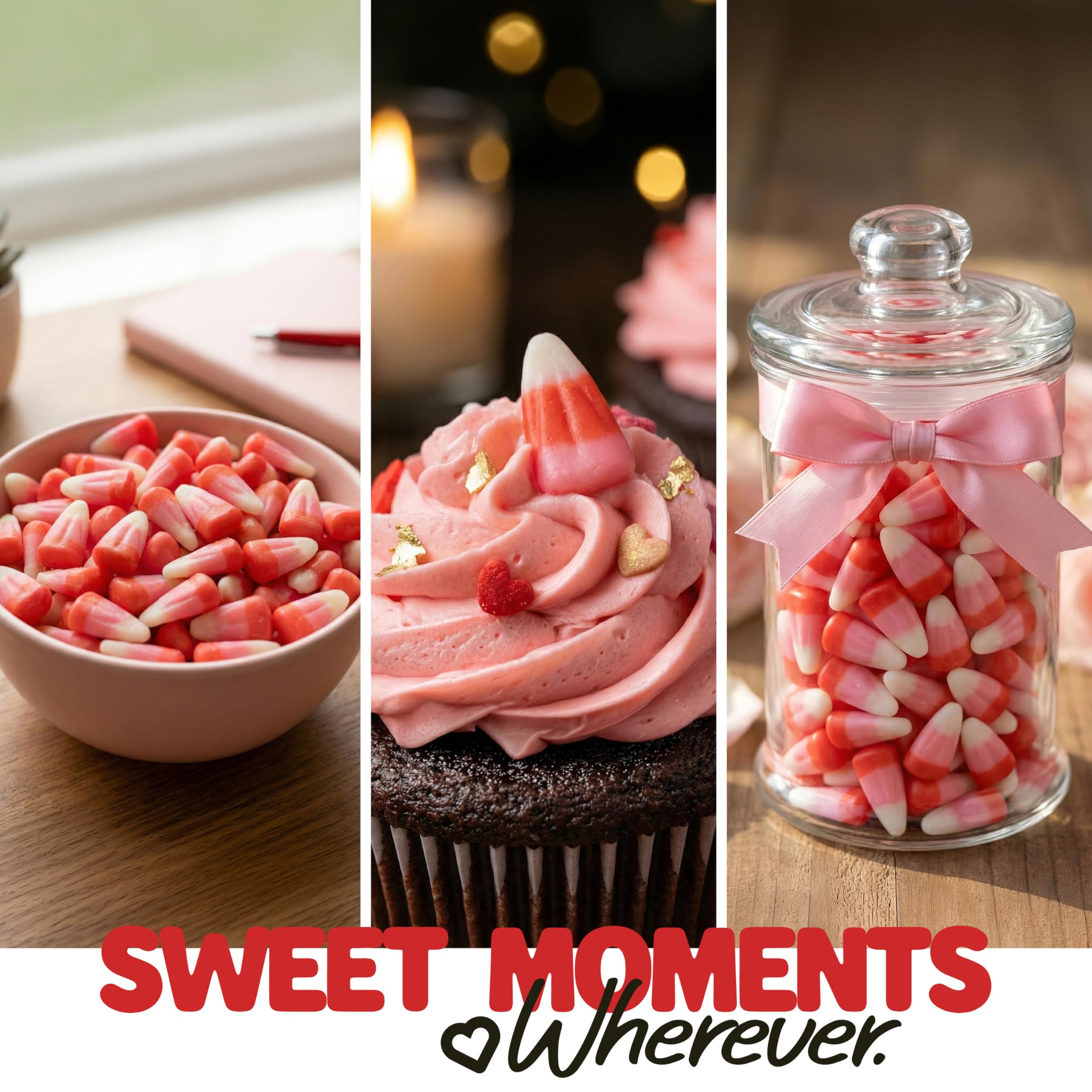 Zestix candy bowls and party tables enhanced by seasonal candy corn display.