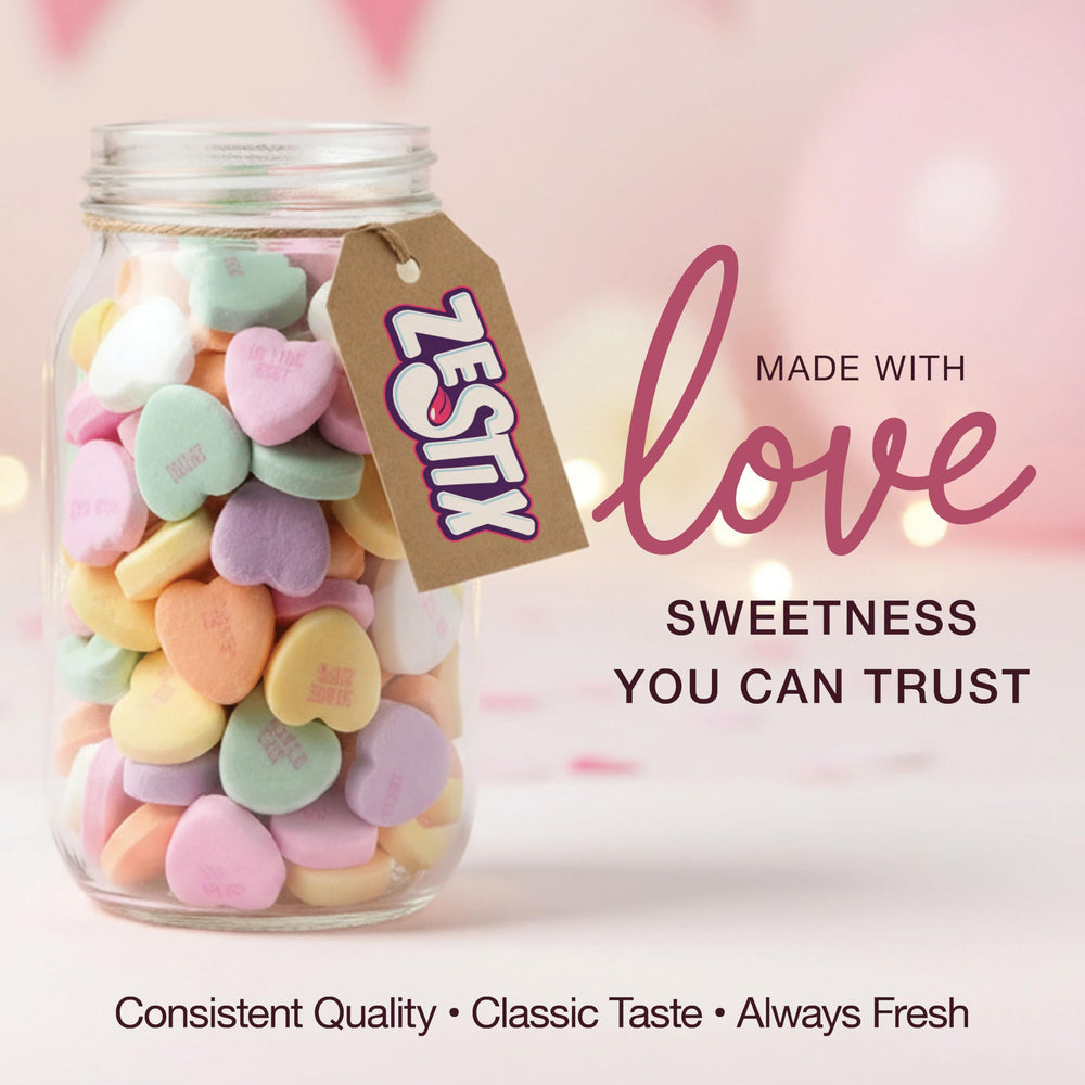 Zestix Conversation Hearts freshly sealed packaging preserves freshness